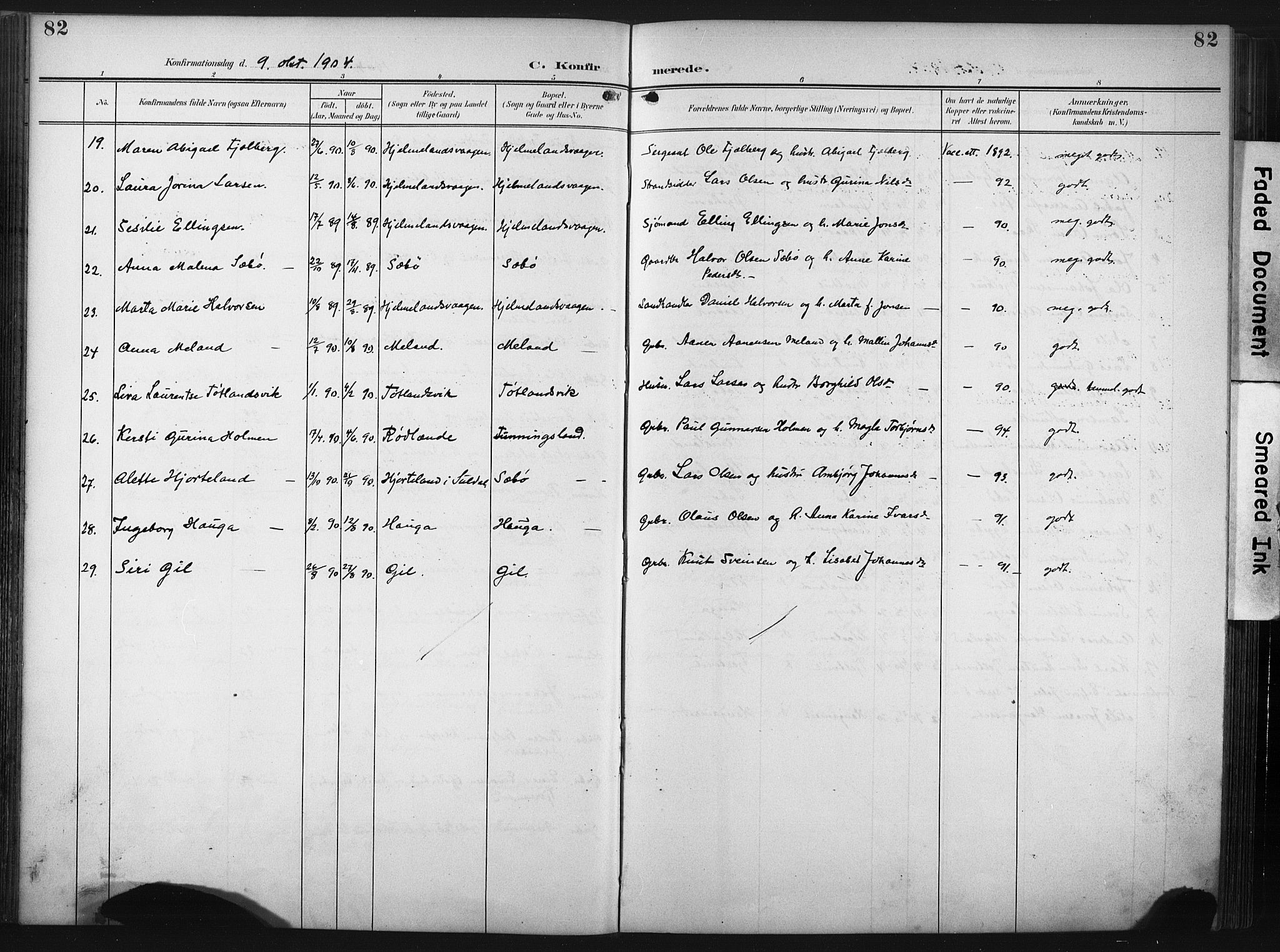 Hjelmeland sokneprestkontor, AV/SAST-A-101843/02/A/L0002: Parish register (official) no. A 17, 1901-1916, p. 82