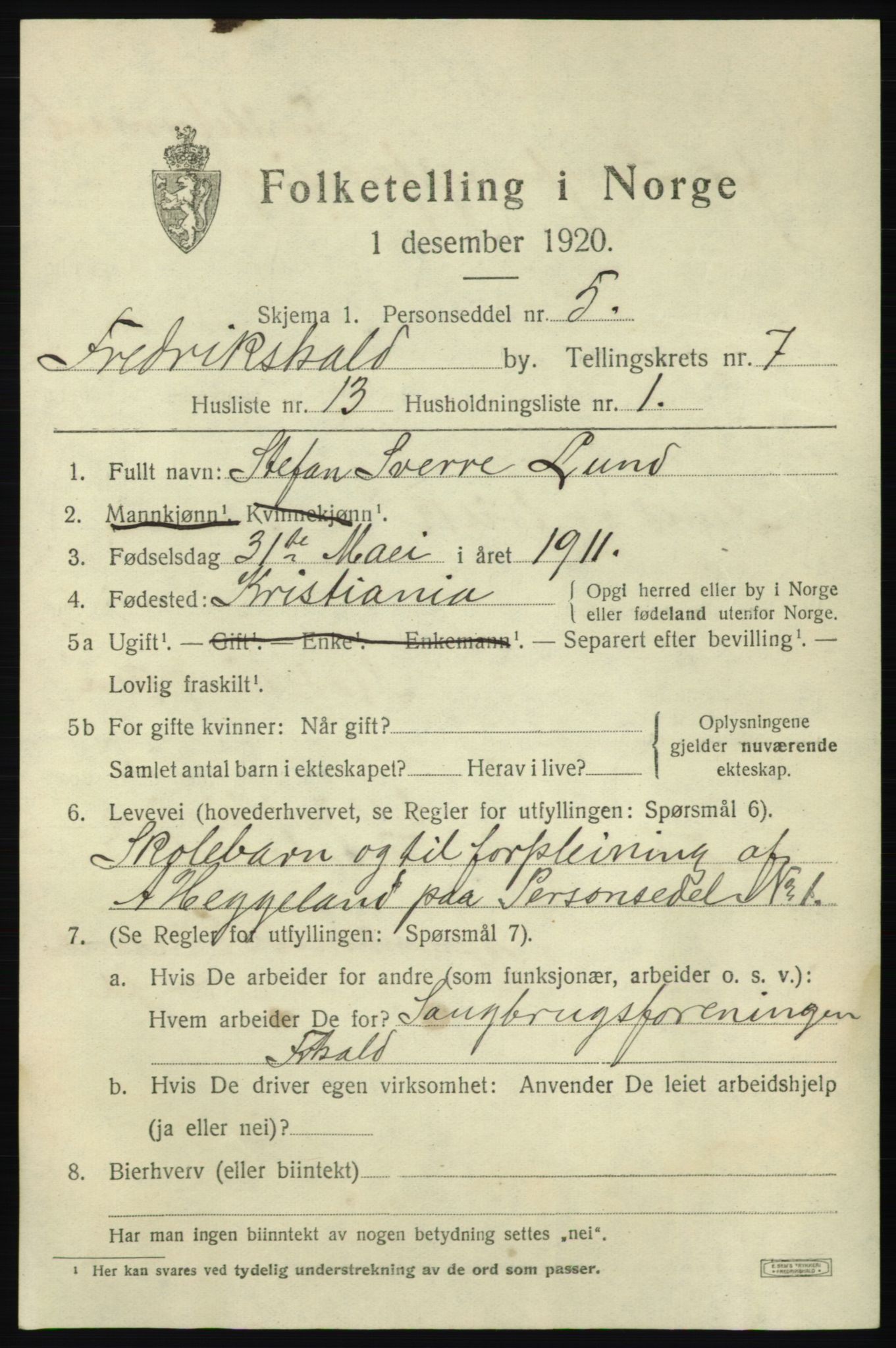 SAO, 1920 census for Fredrikshald, 1920, p. 14104