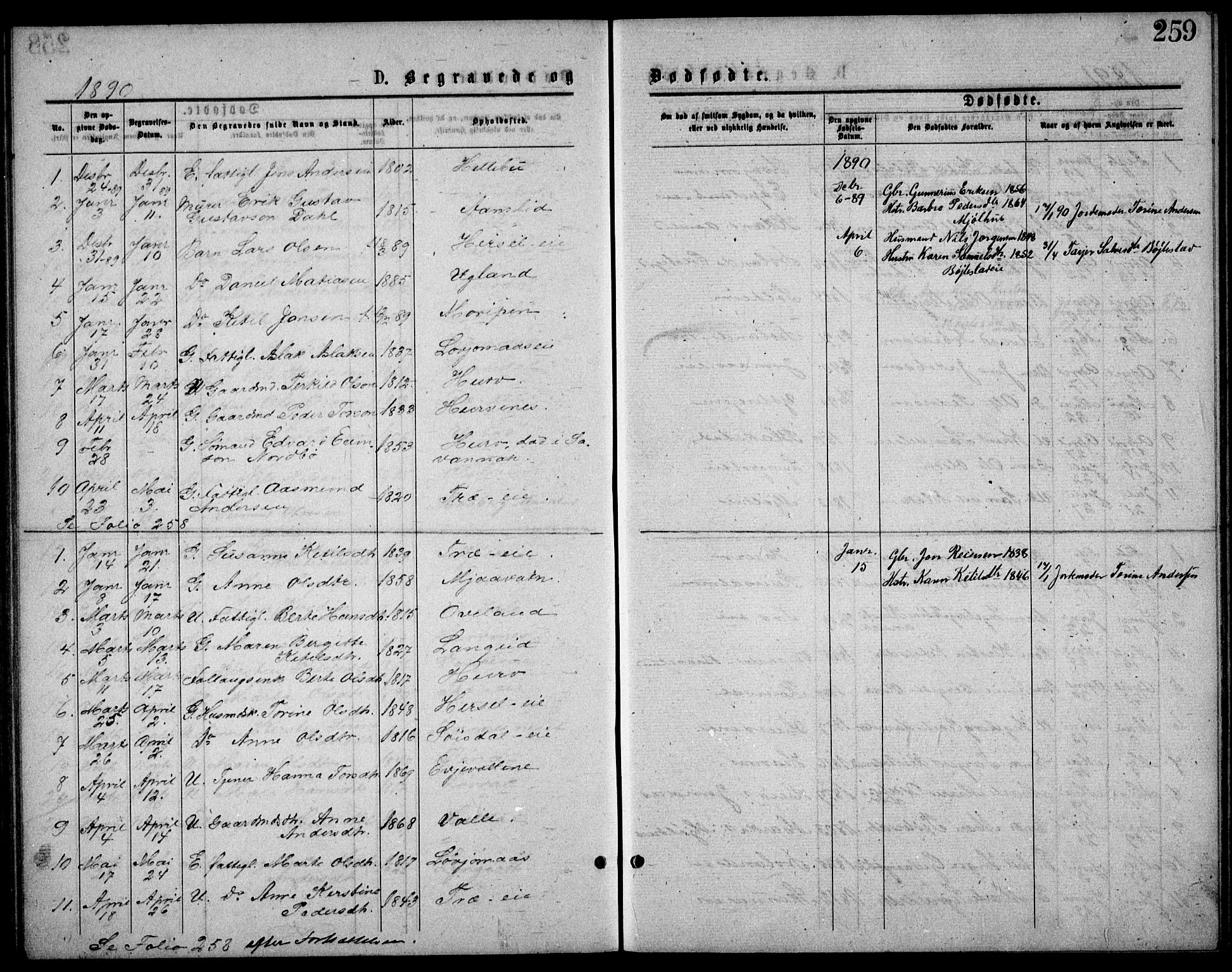 Froland sokneprestkontor, AV/SAK-1111-0013/F/Fb/L0009: Parish register (copy) no. B 9, 1875-1893, p. 259