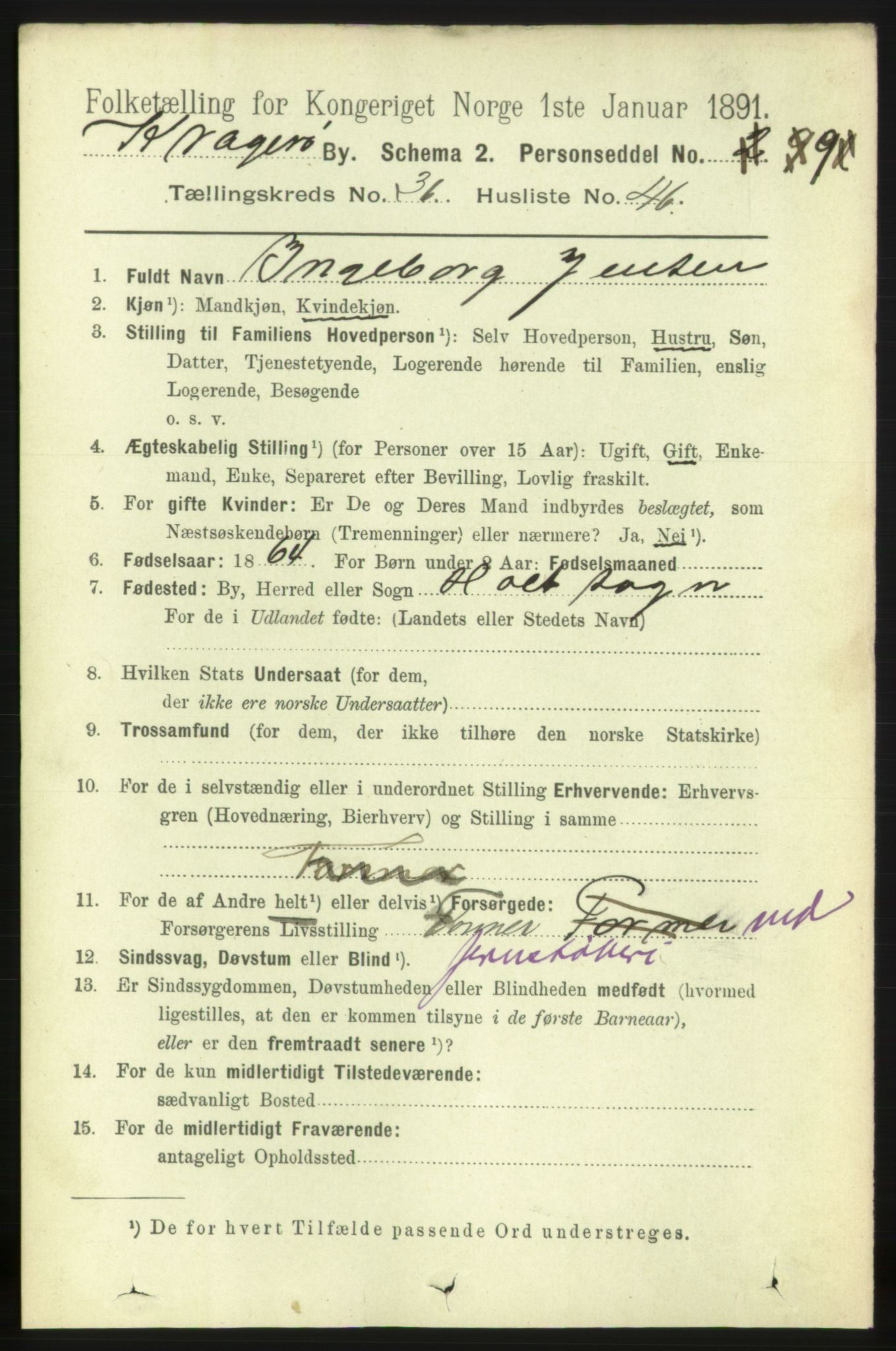 RA, 1891 census for 0801 Kragerø, 1891, p. 6750