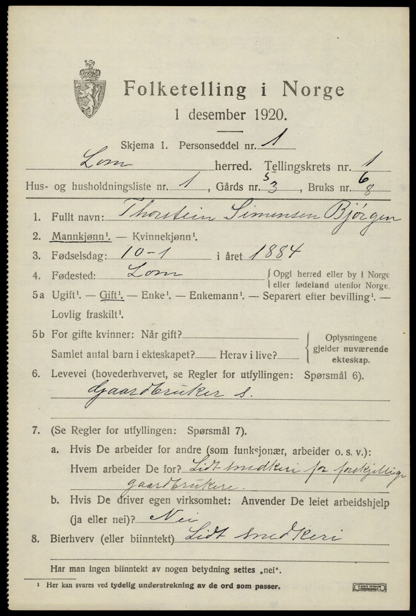 SAH, 1920 census for Lom, 1920, p. 926