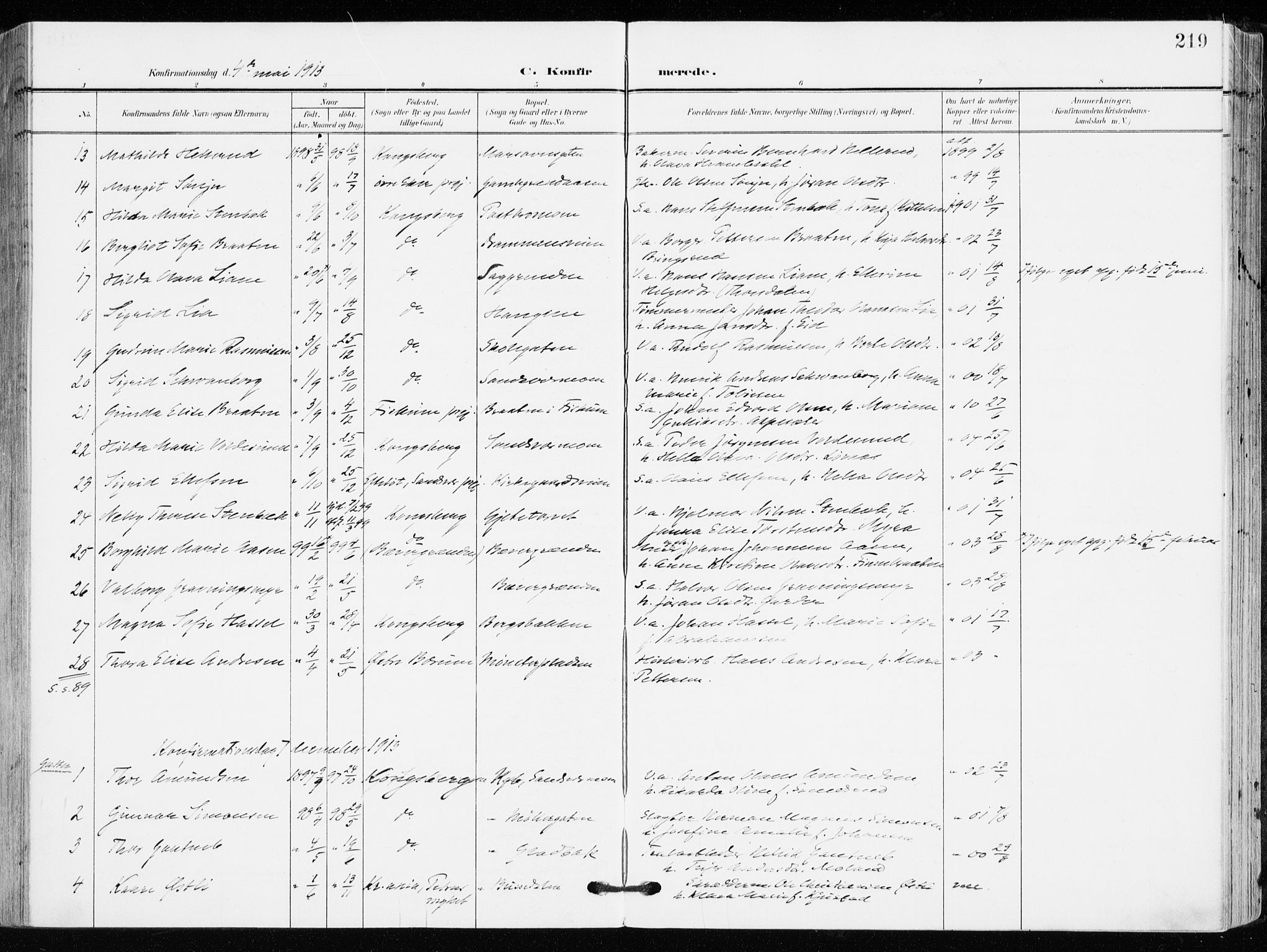 Kongsberg kirkebøker, AV/SAKO-A-22/F/Fb/L0004: Parish register (official) no. II 4, 1906-1918, p. 219