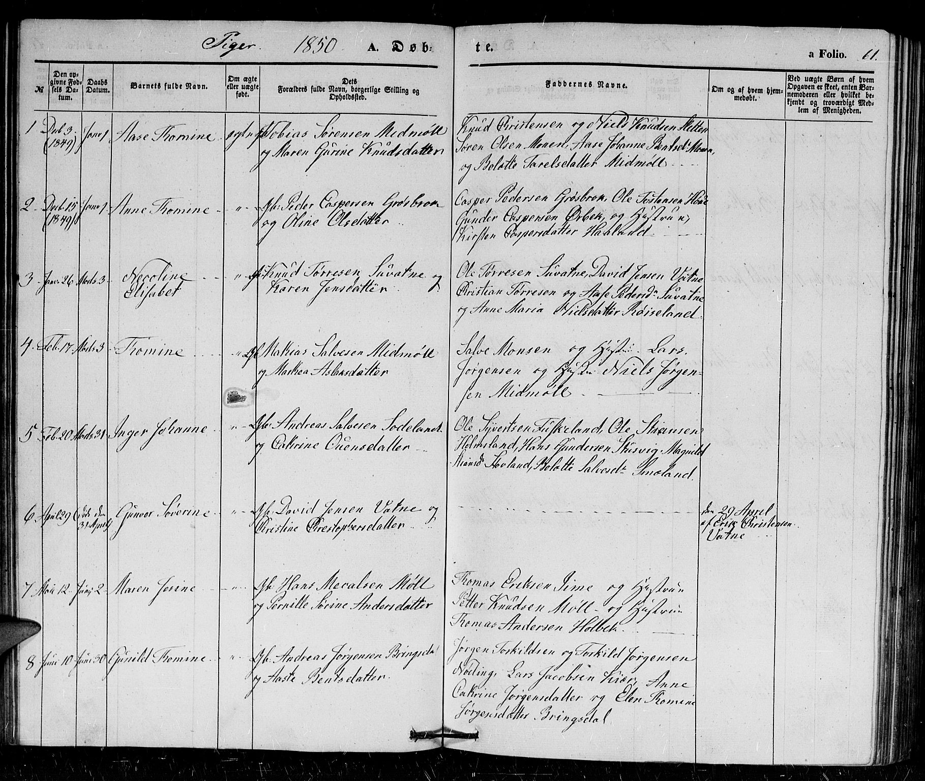 Holum sokneprestkontor, SAK/1111-0022/F/Fb/Fba/L0003: Parish register (copy) no. B 3, 1850-1866, p. 61