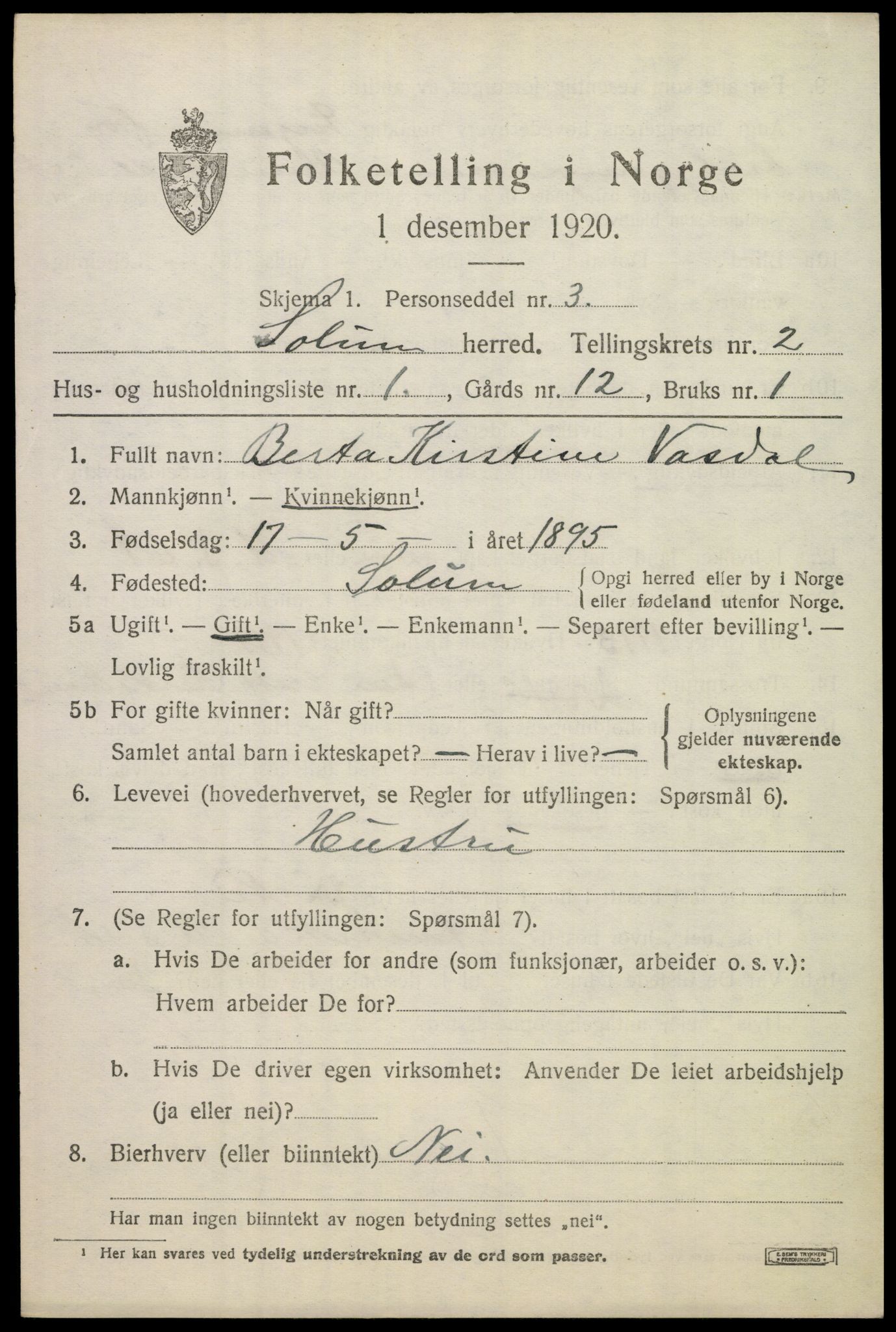 SAKO, 1920 census for Solum, 1920, p. 6996