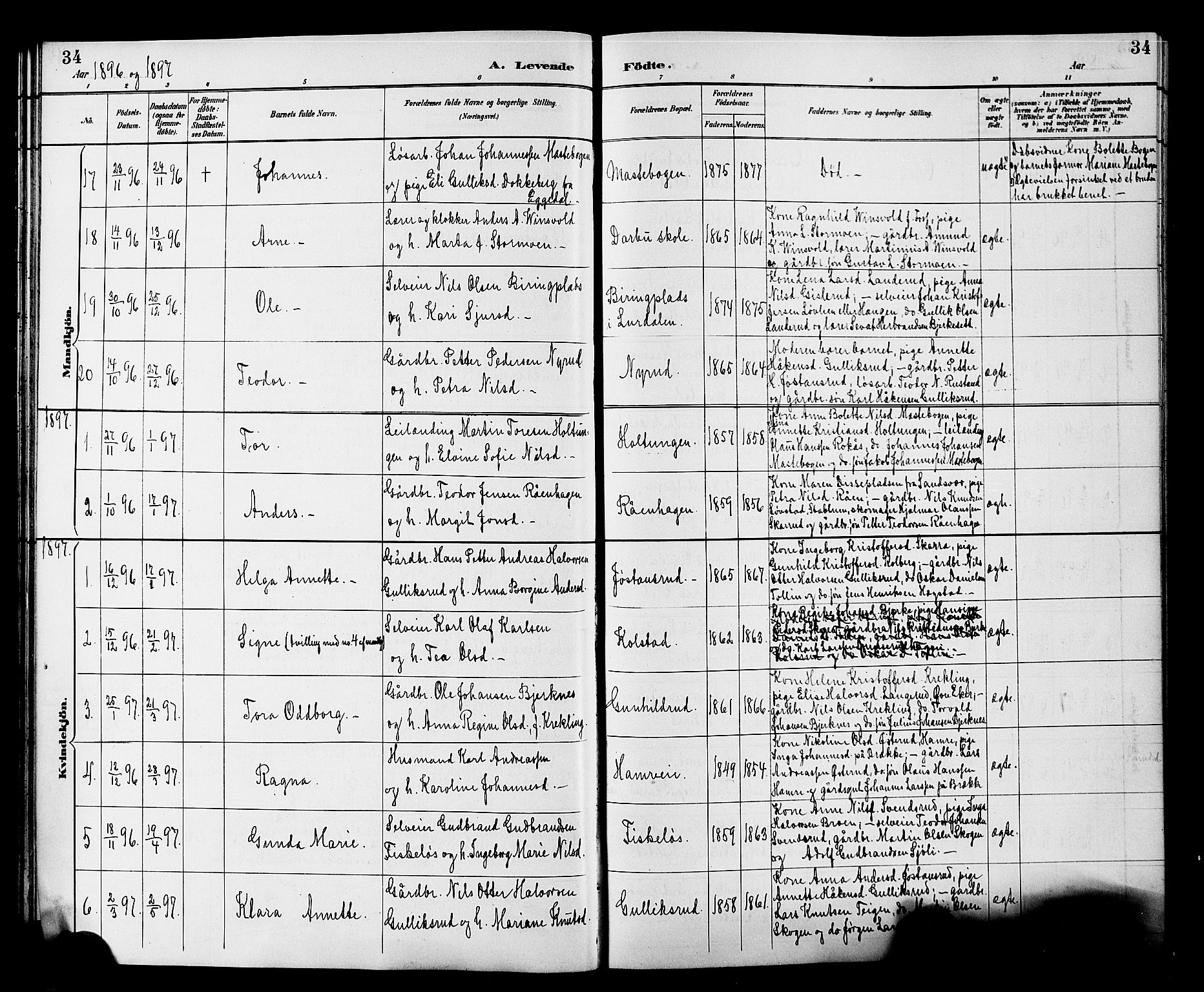Fiskum kirkebøker, AV/SAKO-A-15/G/Ga/L0005: Parish register (copy) no. 5, 1887-1912, p. 34