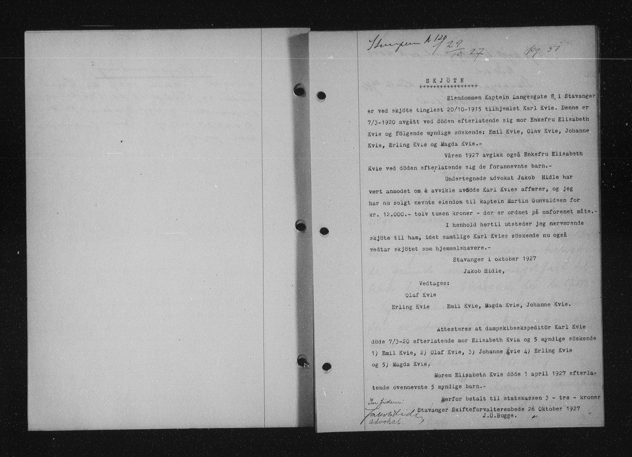 Stavanger byfogd, SAST/A-101408/001/4/41/410/410BB/L0053: Mortgage book no. 41, 1927-1928, Deed date: 29.10.1927