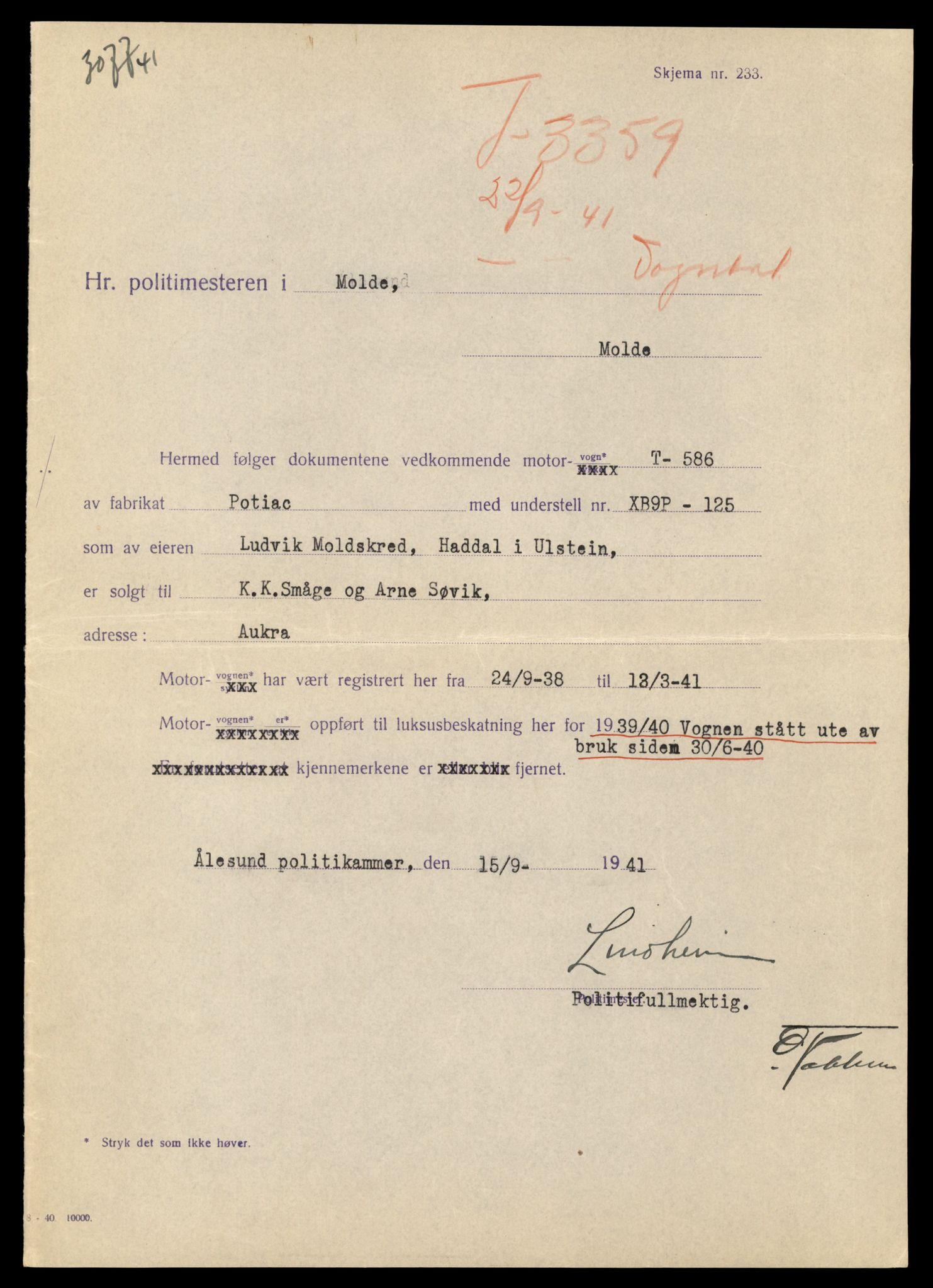 Møre og Romsdal vegkontor - Ålesund trafikkstasjon, SAT/A-4099/F/Fe/L0003: Registreringskort for kjøretøy T 232 - T 340, 1927-1998, p. 2898