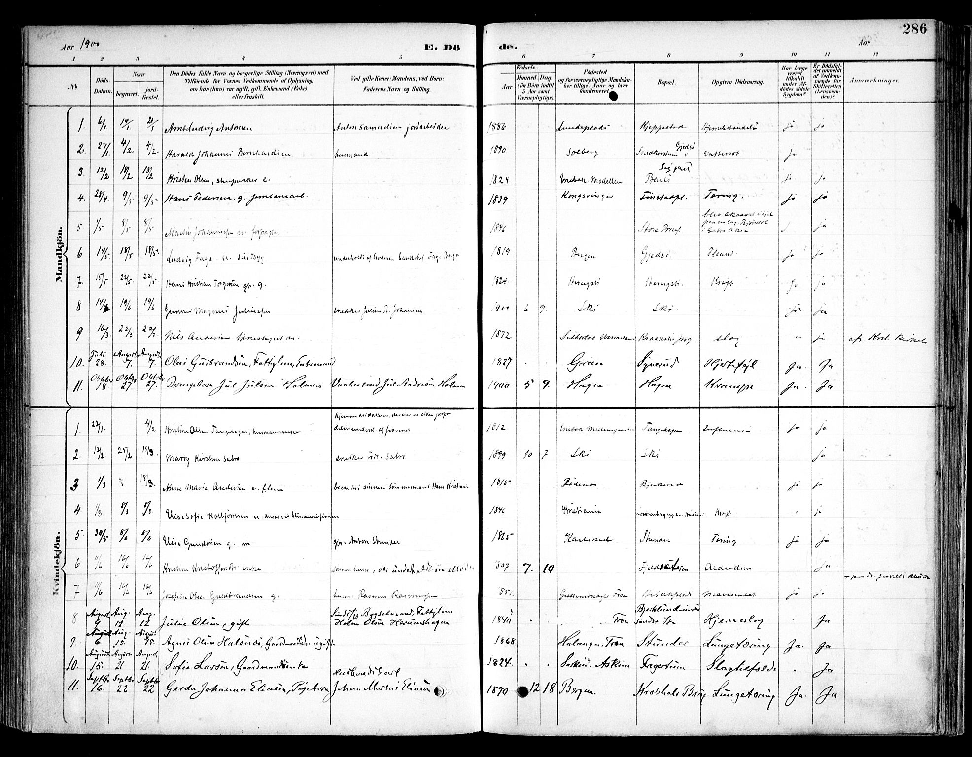 Kråkstad prestekontor Kirkebøker, SAO/A-10125a/F/Fb/L0002: Parish register (official) no. II 2, 1893-1917, p. 286