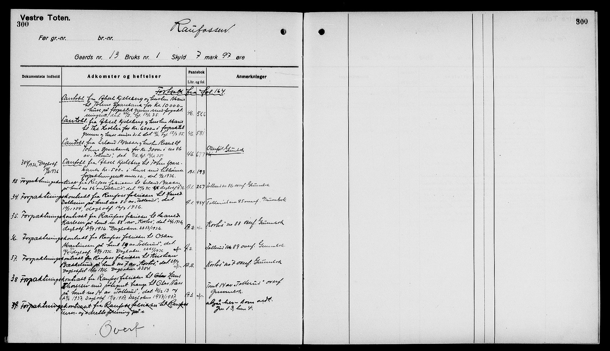 Toten tingrett, AV/SAH-TING-006/H/Ha/Haa/L0040: Mortgage register no. 40, 1925, p. 300