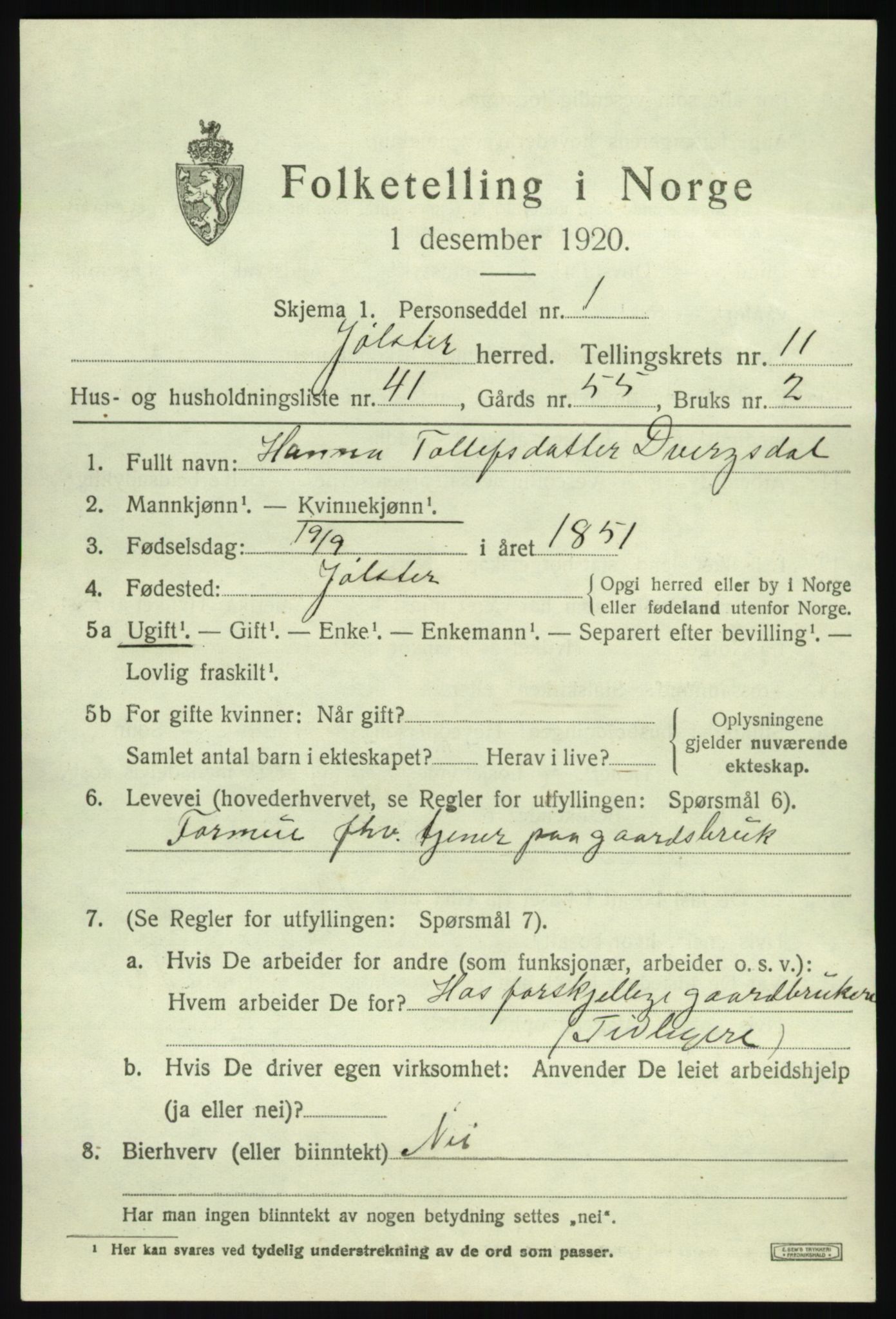 SAB, 1920 census for Jølster, 1920, p. 5568