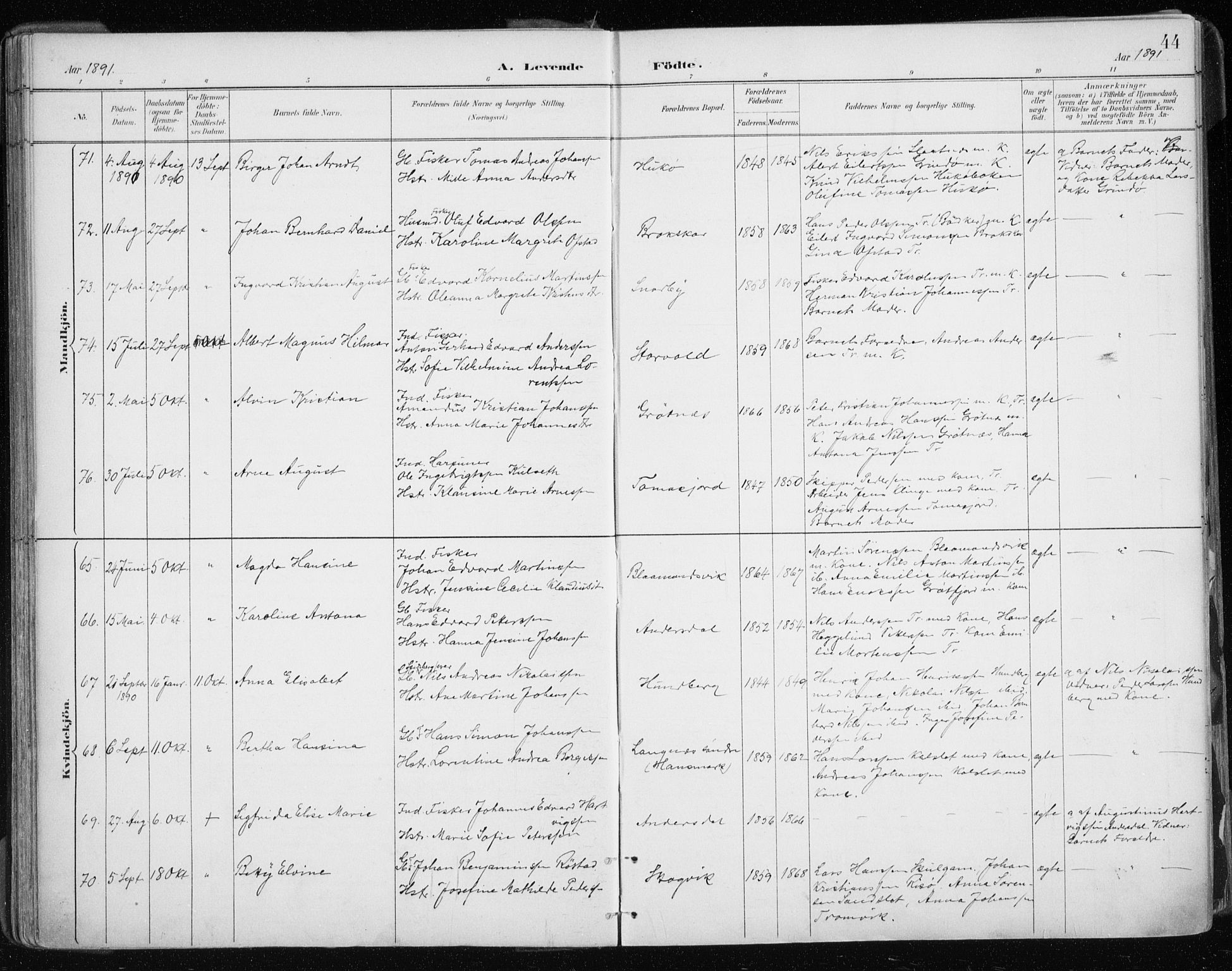 Tromsøysund sokneprestkontor, AV/SATØ-S-1304/G/Ga/L0005kirke: Parish register (official) no. 5, 1888-1896, p. 44