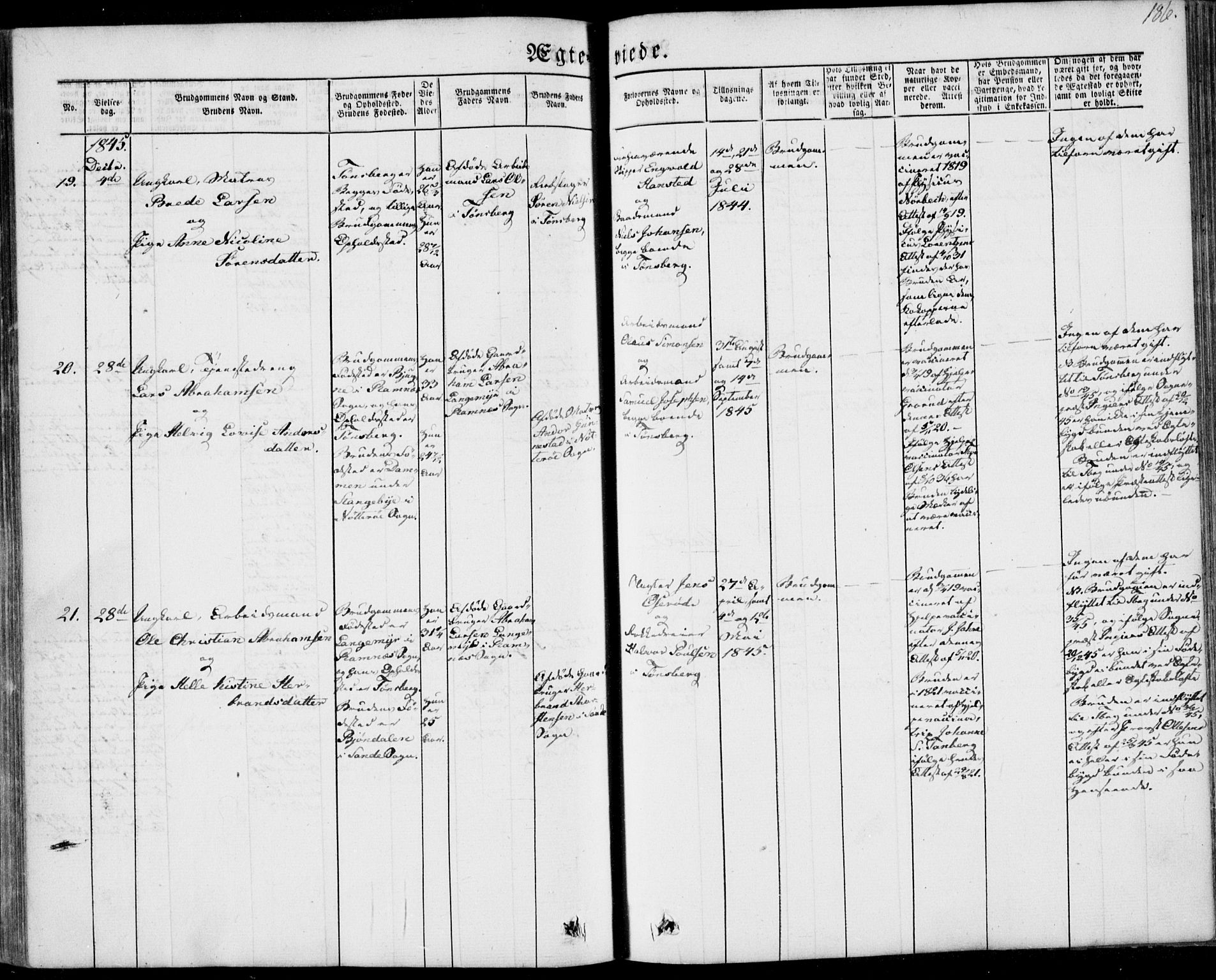 Tønsberg kirkebøker, AV/SAKO-A-330/F/Fa/L0007: Parish register (official) no. I 7, 1845-1854, p. 186