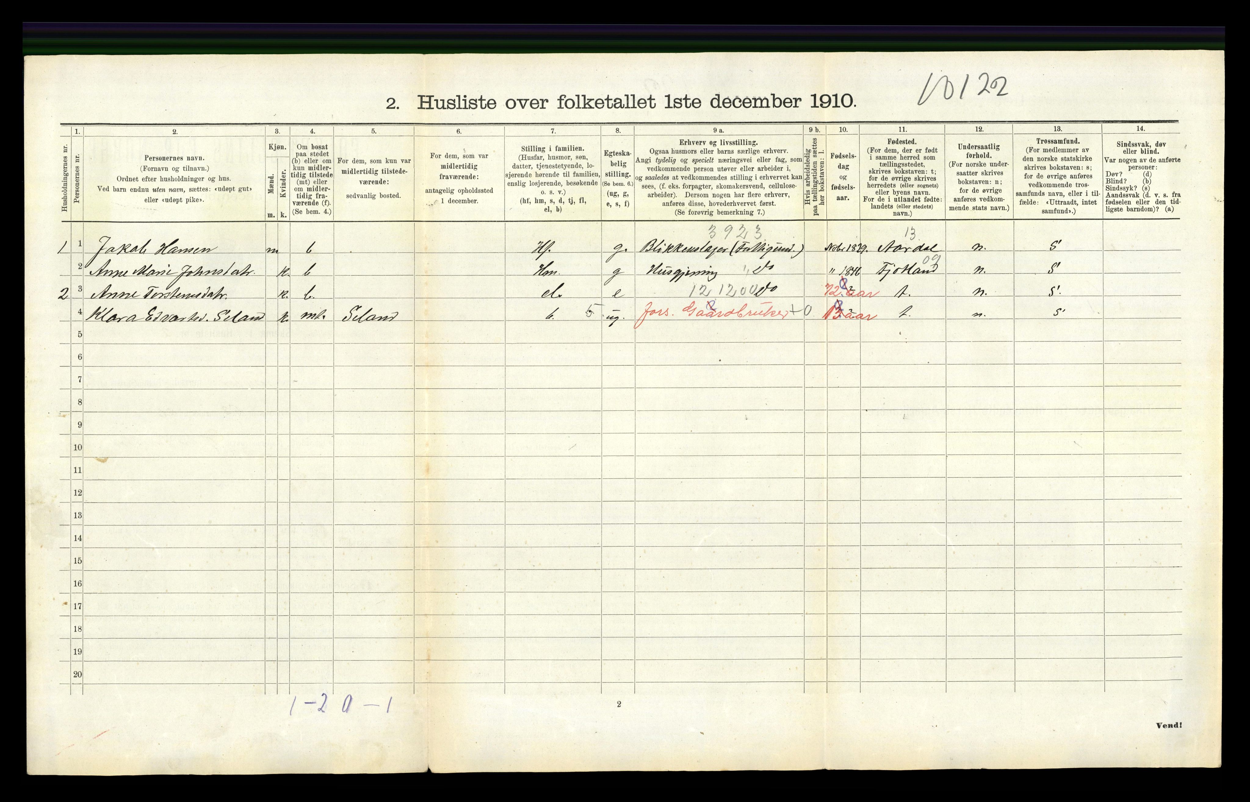 RA, 1910 census for Tonstad, 1910, p. 97