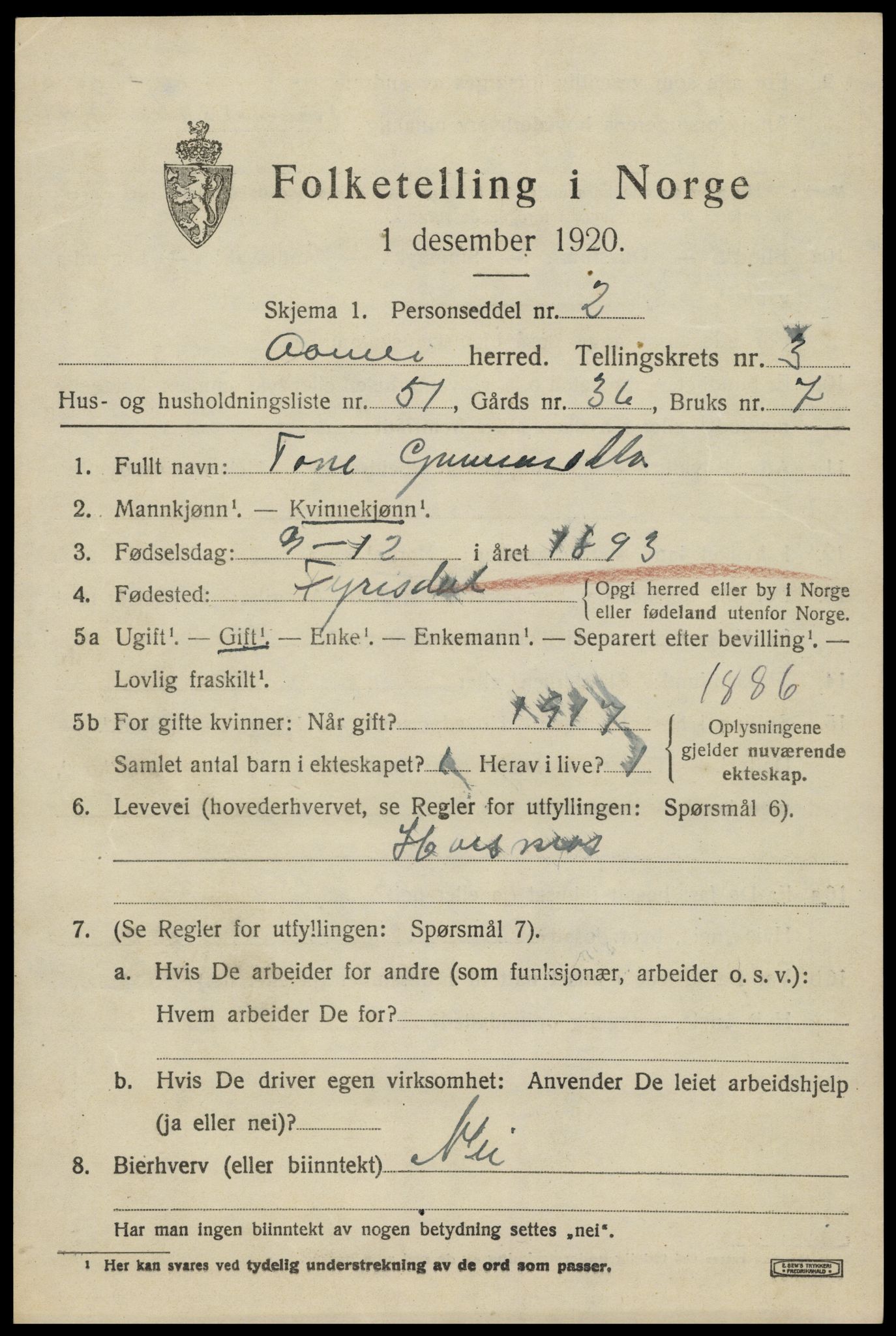 SAK, 1920 census for Åmli, 1920, p. 1851