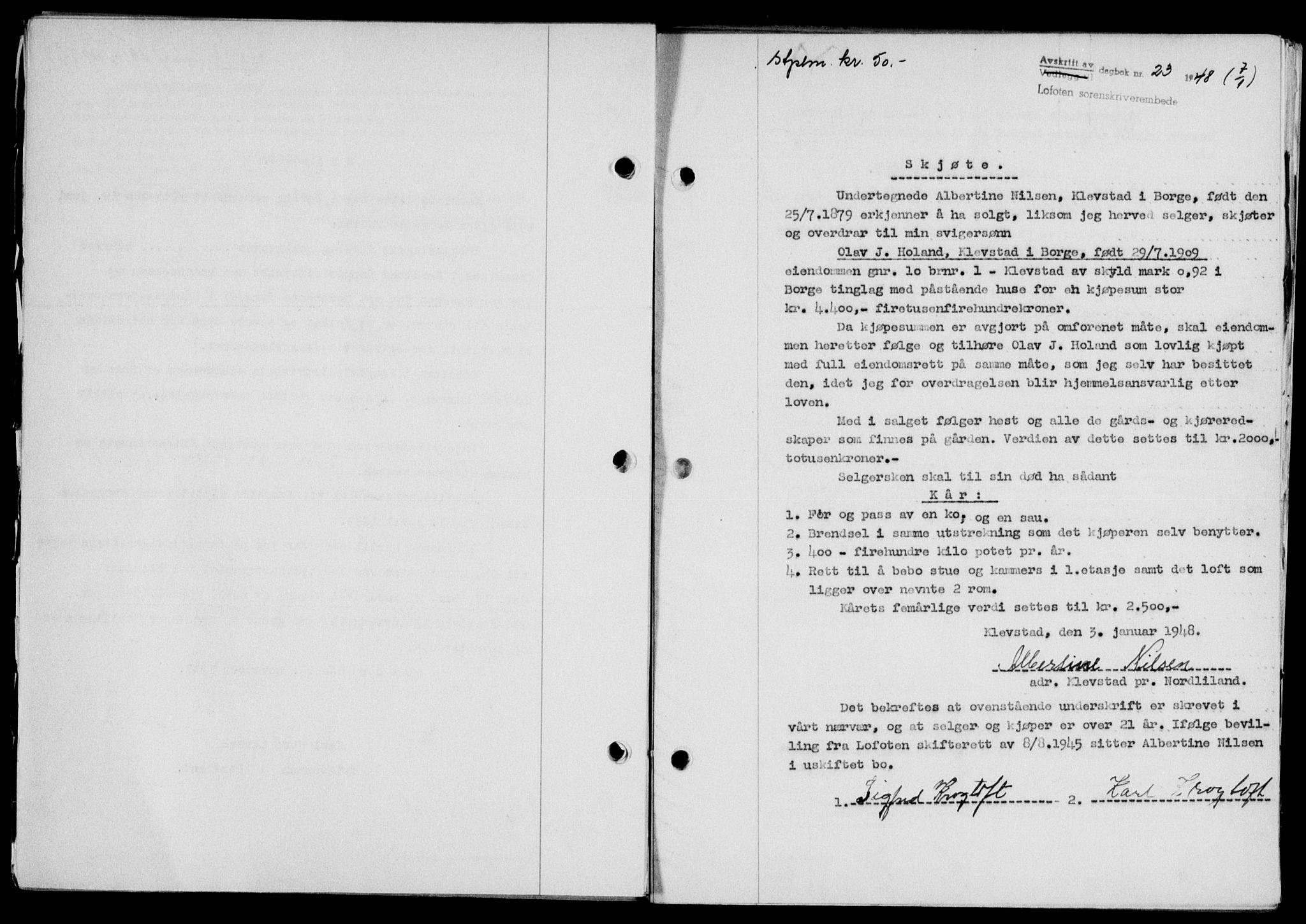Lofoten sorenskriveri, SAT/A-0017/1/2/2C/L0017a: Mortgage book no. 17a, 1947-1948, Diary no: : 23/1948