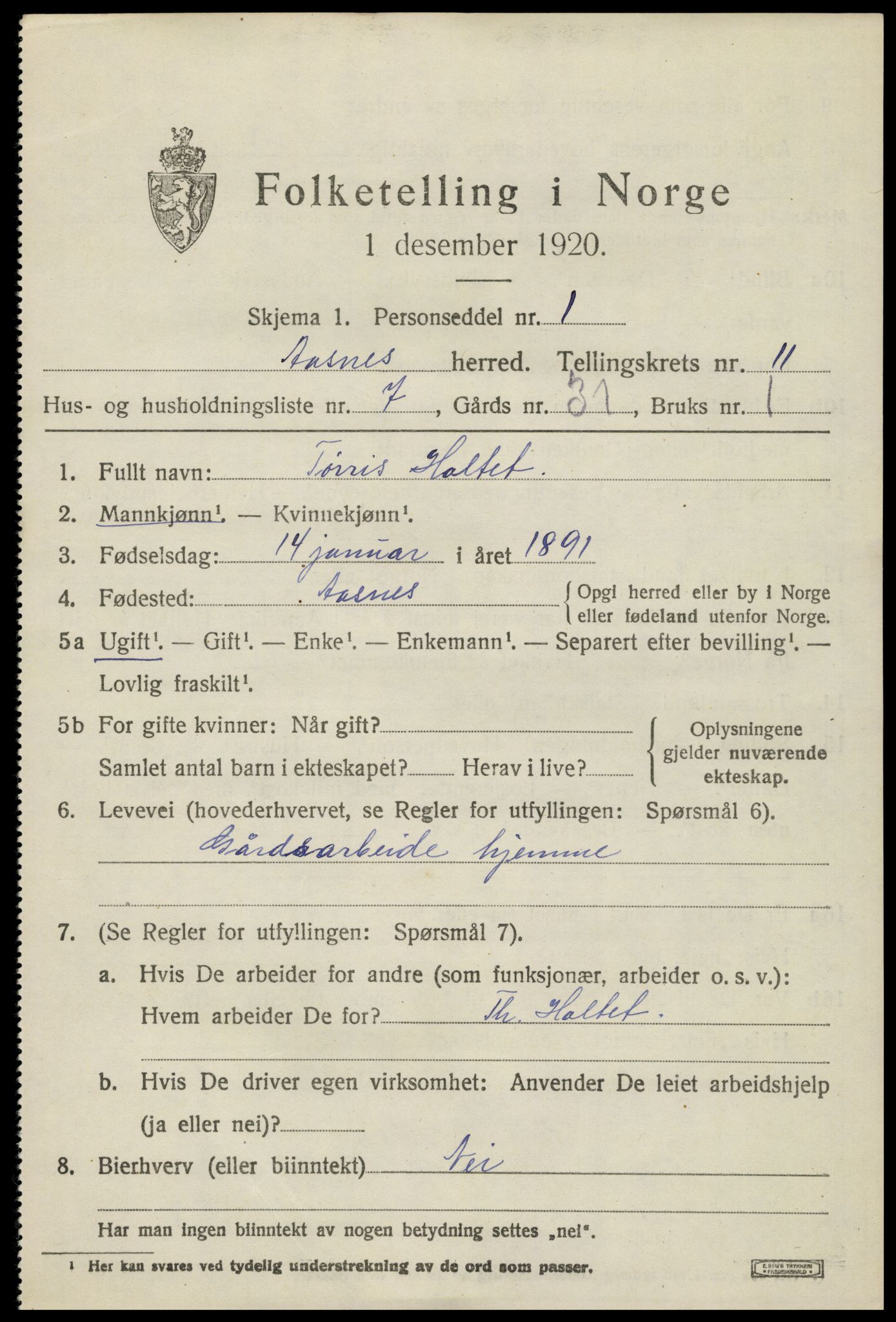 SAH, 1920 census for Åsnes, 1920, p. 11528