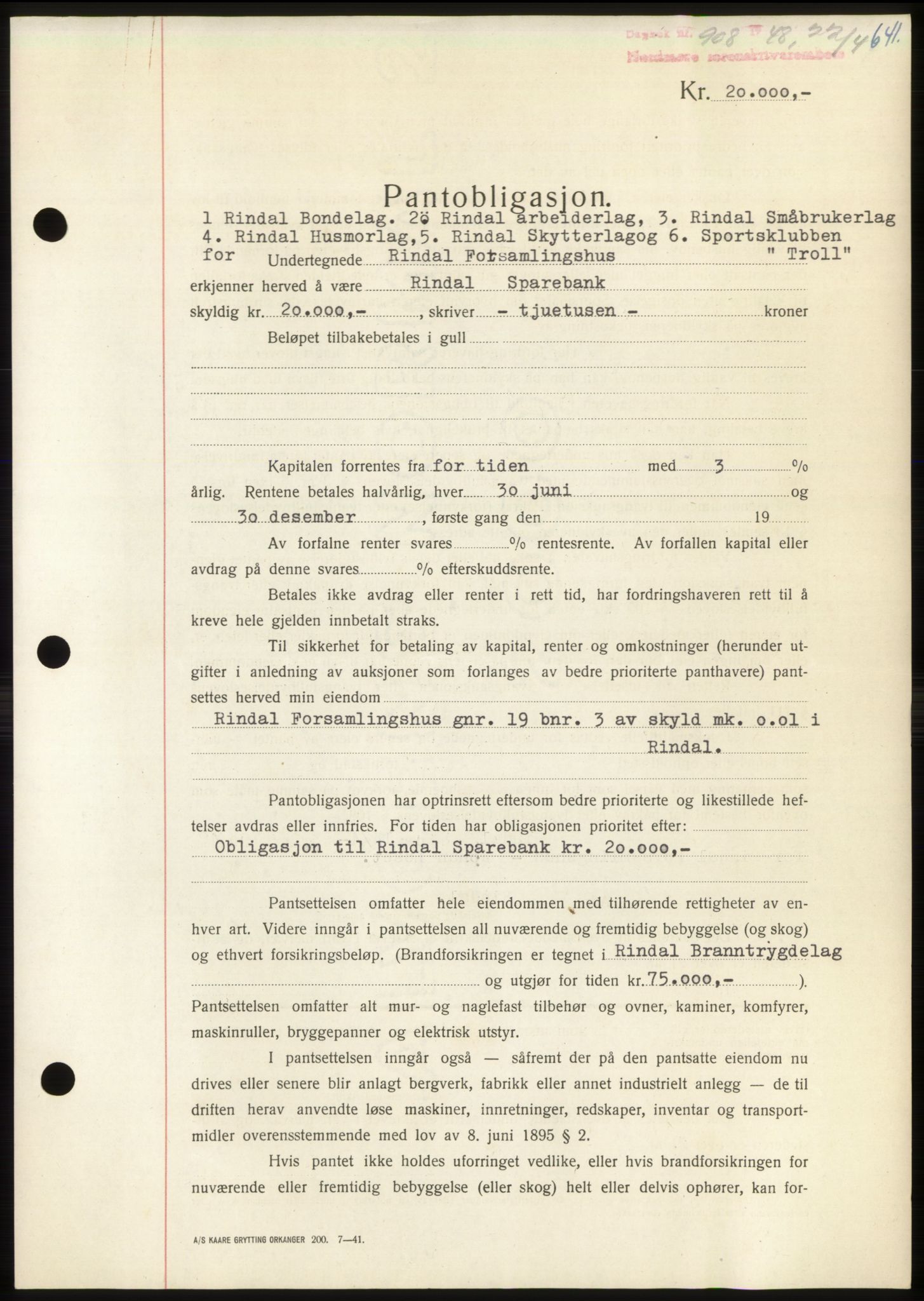 Nordmøre sorenskriveri, AV/SAT-A-4132/1/2/2Ca: Mortgage book no. B98, 1948-1948, Diary no: : 908/1948