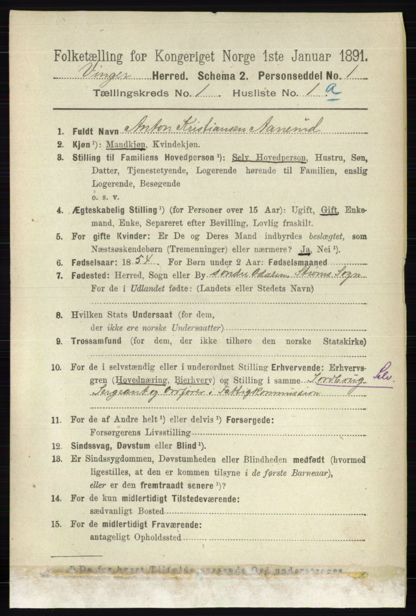 RA, 1891 census for 0421 Vinger, 1891, p. 91