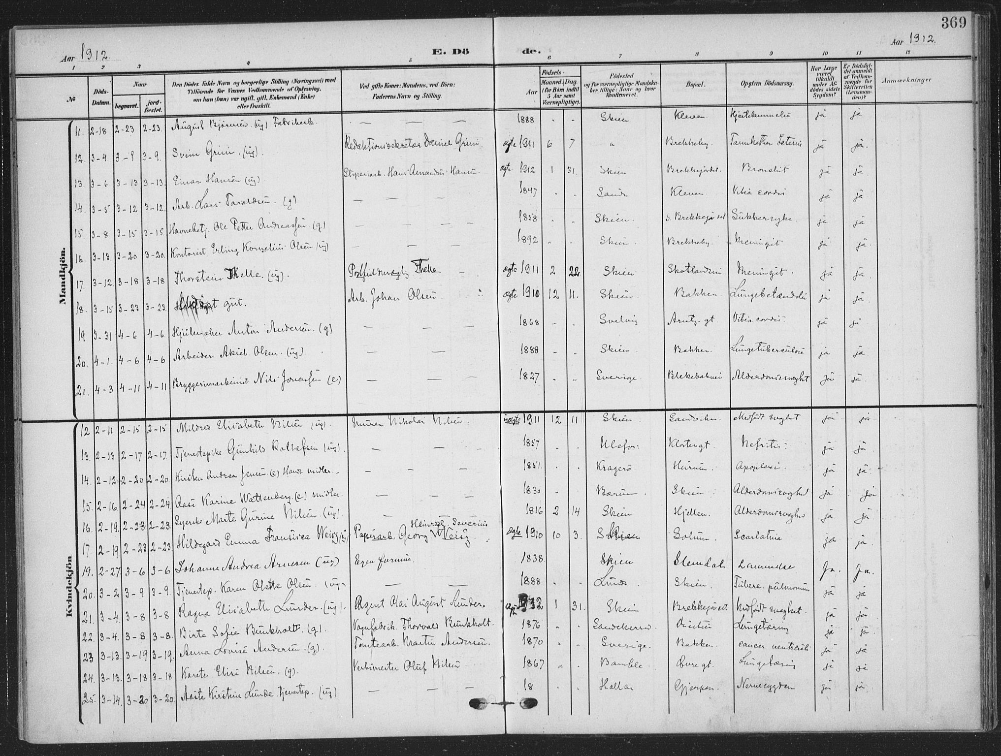 Skien kirkebøker, AV/SAKO-A-302/F/Fa/L0012: Parish register (official) no. 12, 1908-1914, p. 369