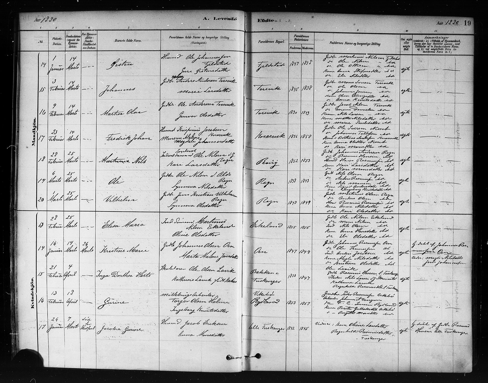 Herdla Sokneprestembete, AV/SAB-A-75701/H/Haa: Parish register (official) no. A 3, 1878-1890, p. 19