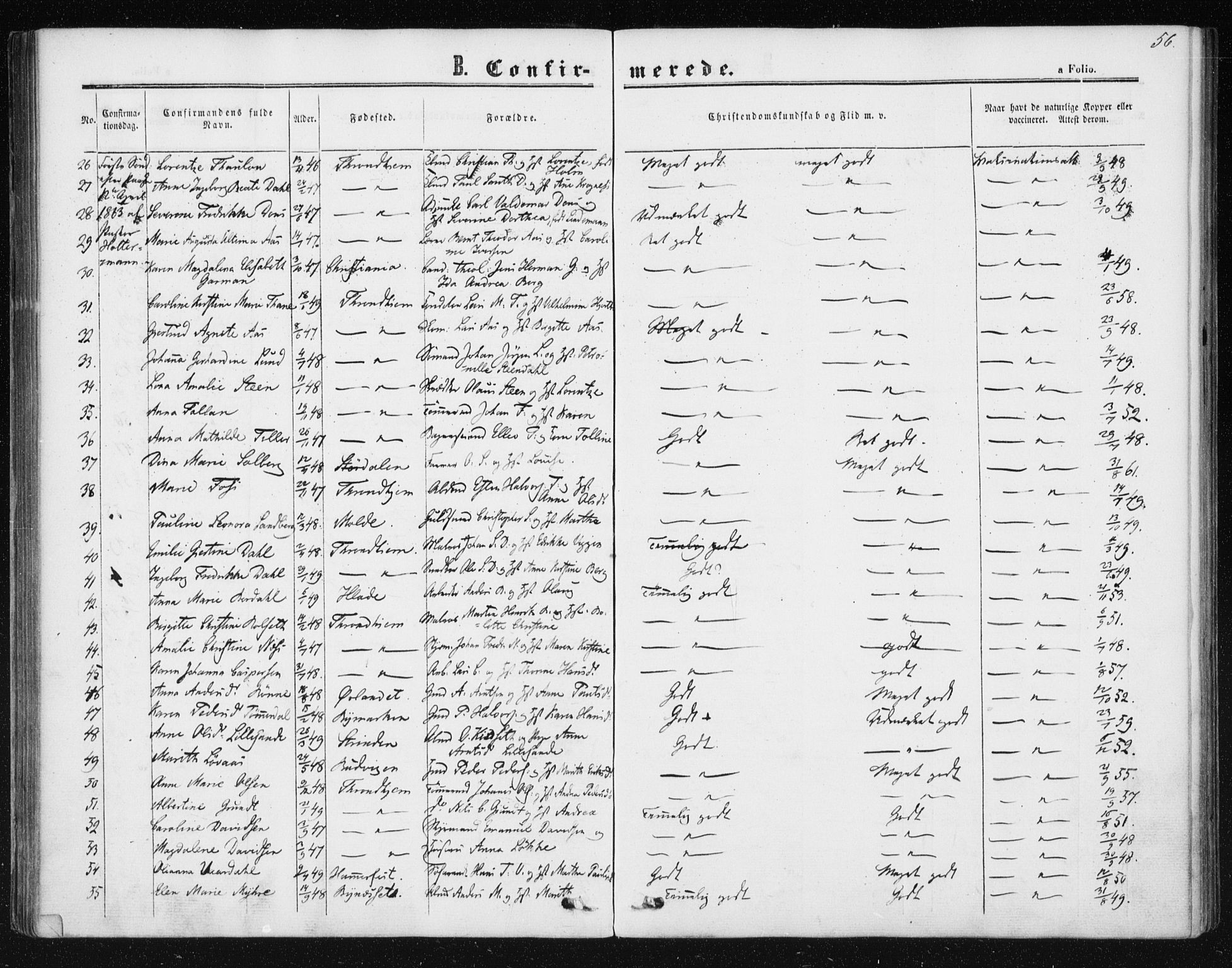 Ministerialprotokoller, klokkerbøker og fødselsregistre - Sør-Trøndelag, SAT/A-1456/602/L0114: Parish register (official) no. 602A12, 1856-1872, p. 56