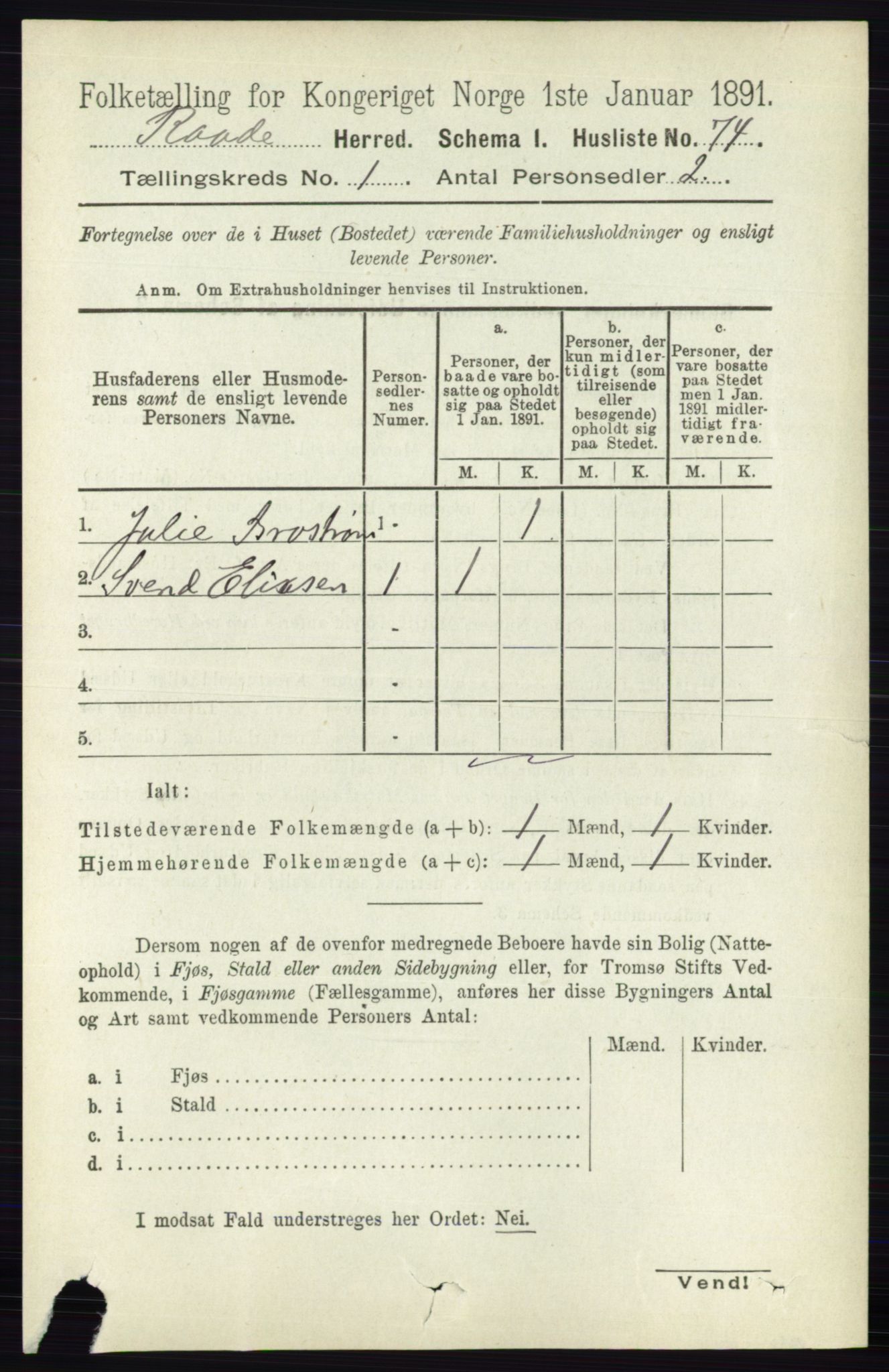 RA, 1891 census for 0135 Råde, 1891, p. 95