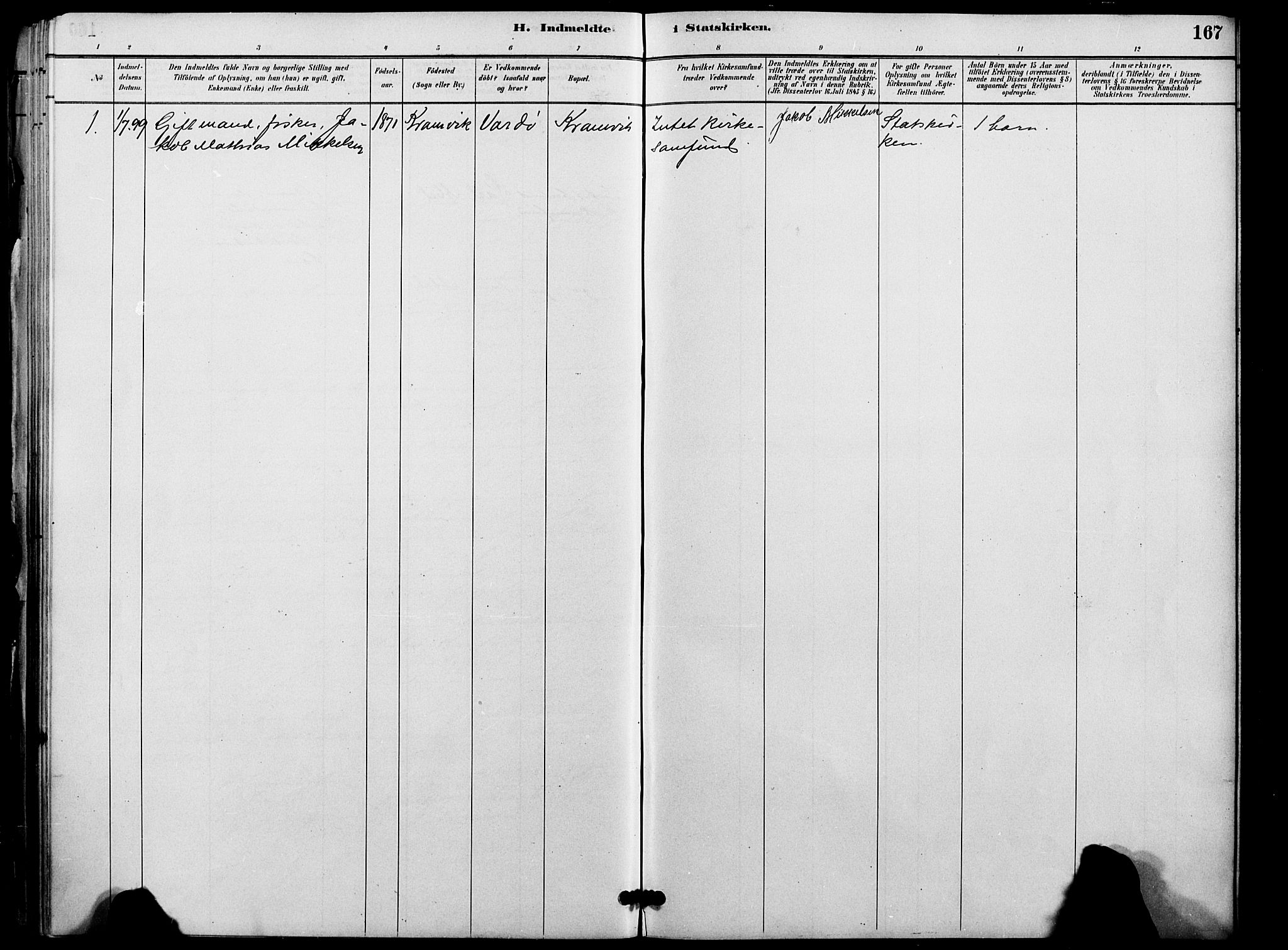 Vardø sokneprestkontor, SATØ/S-1332/H/Ha/L0009kirke: Parish register (official) no. 9, 1887-1898, p. 167