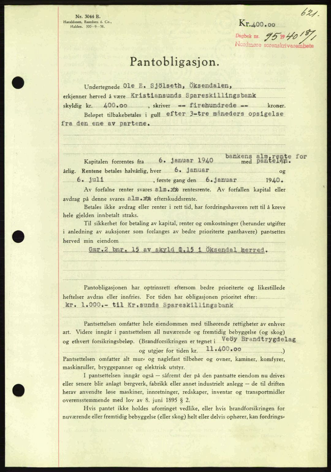 Nordmøre sorenskriveri, AV/SAT-A-4132/1/2/2Ca: Mortgage book no. B86, 1939-1940, Diary no: : 95/1940