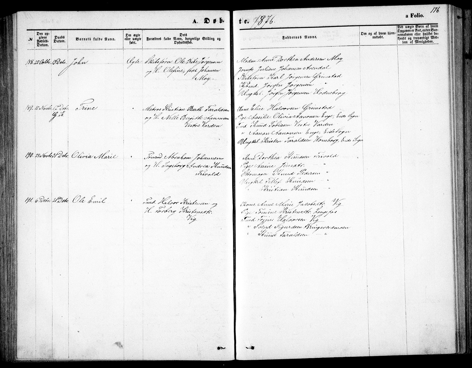 Fjære sokneprestkontor, AV/SAK-1111-0011/F/Fb/L0010: Parish register (copy) no. B 10, 1871-1880, p. 176