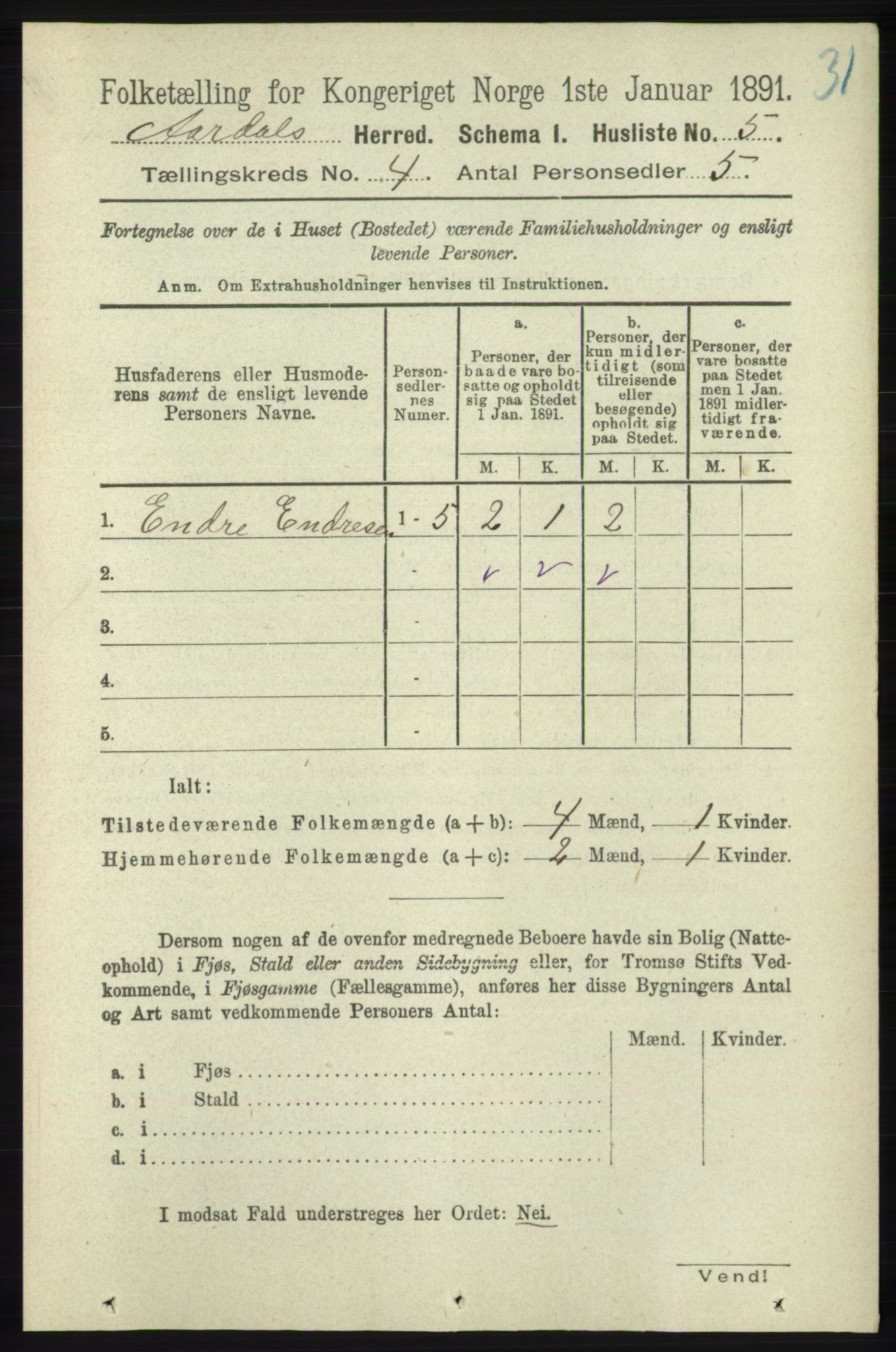 RA, 1891 census for 1131 Årdal, 1891, p. 1075