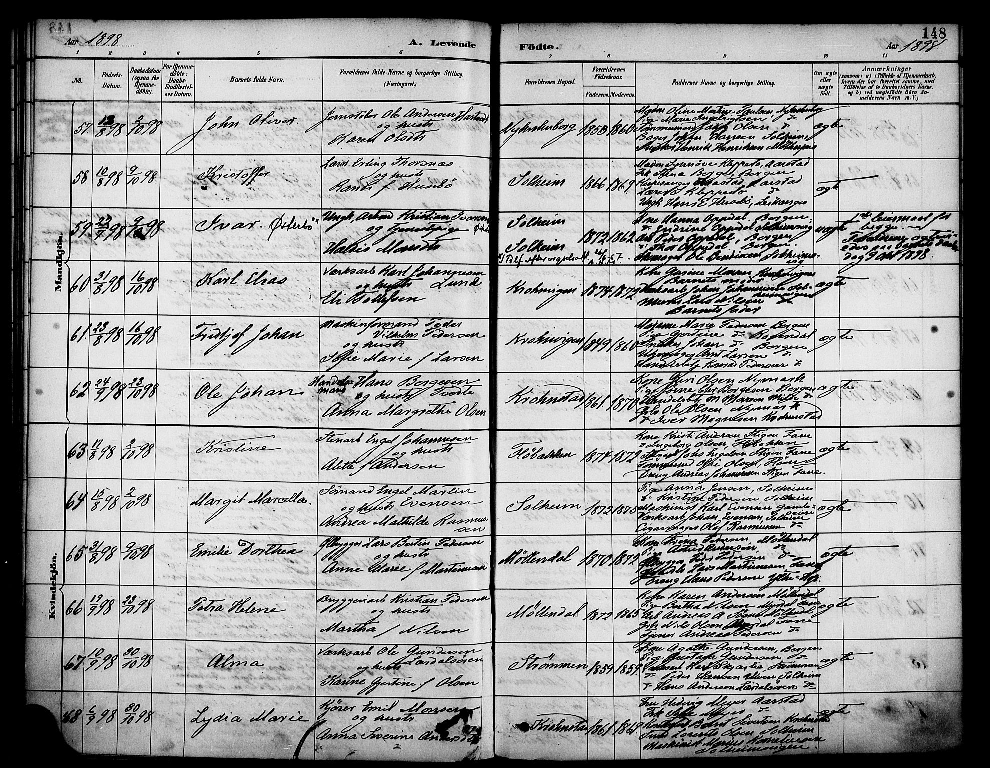 Årstad Sokneprestembete, AV/SAB-A-79301/H/Haa/L0001: Parish register (official) no. A 1, 1886-1901, p. 148