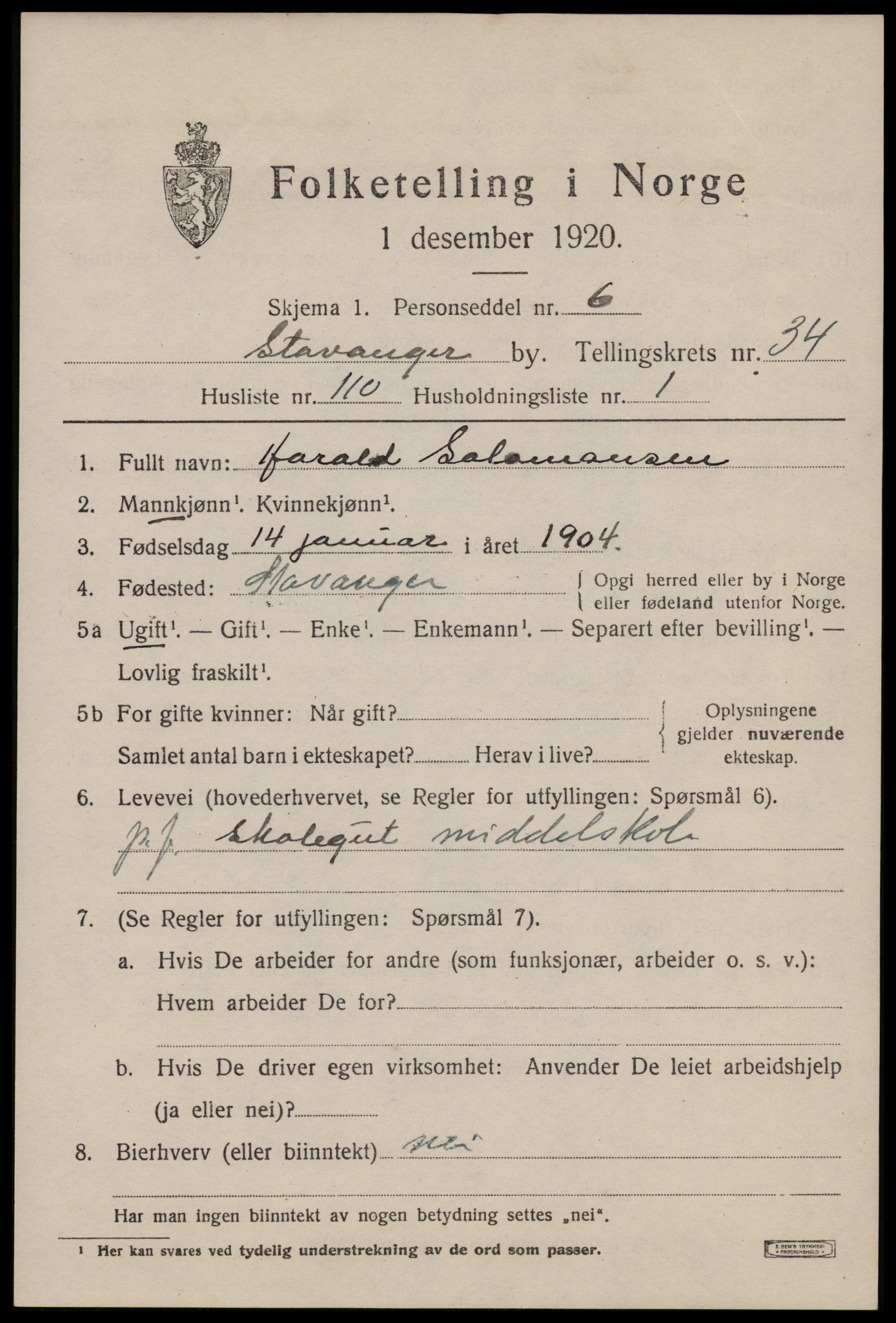 SAST, 1920 census for Stavanger, 1920, p. 93956