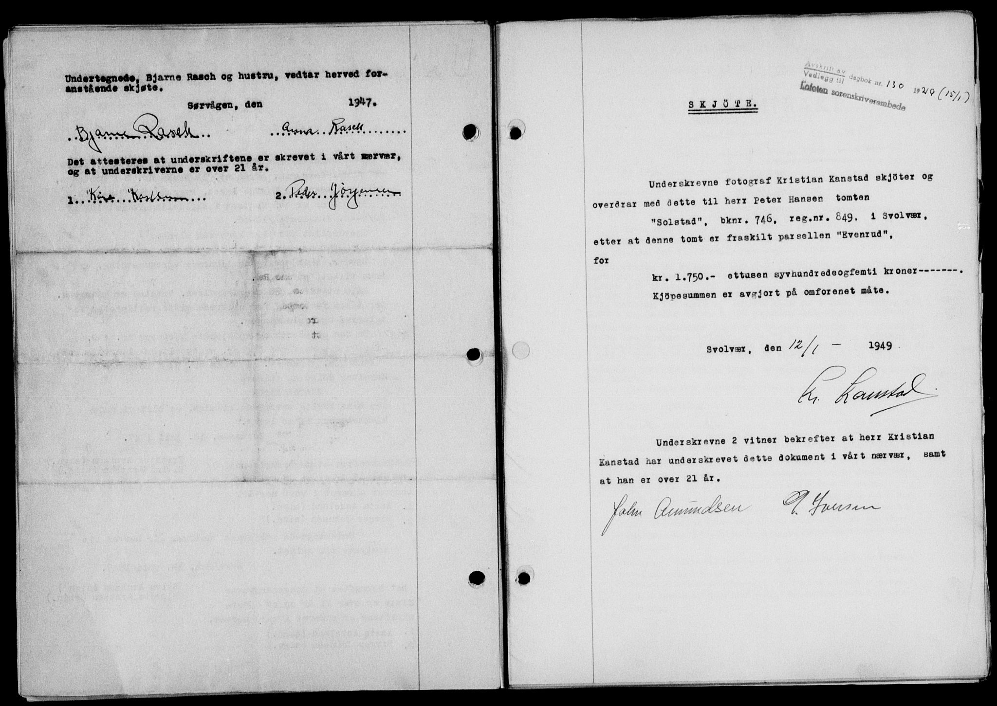 Lofoten sorenskriveri, SAT/A-0017/1/2/2C/L0020a: Mortgage book no. 20a, 1948-1949, Diary no: : 130/1949