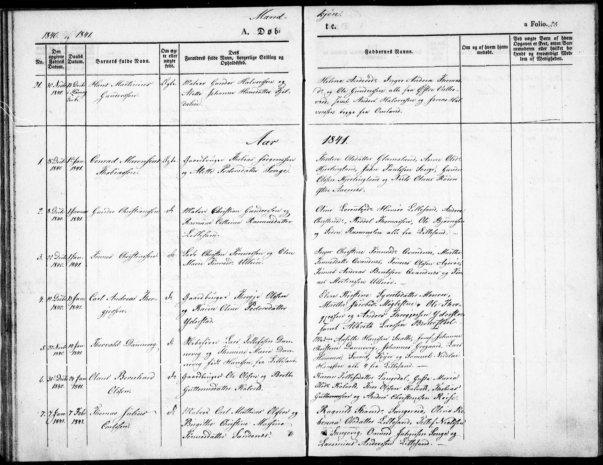 Vestre Moland sokneprestkontor, AV/SAK-1111-0046/F/Fb/Fbb/L0002: Parish register (copy) no. B 2, 1836-1851, p. 28