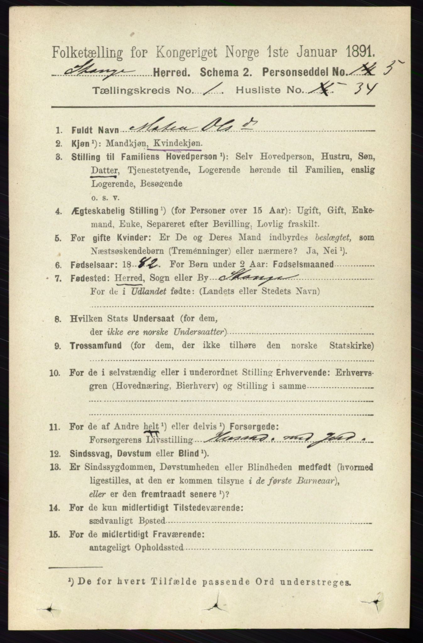 RA, 1891 census for 0417 Stange, 1891, p. 411