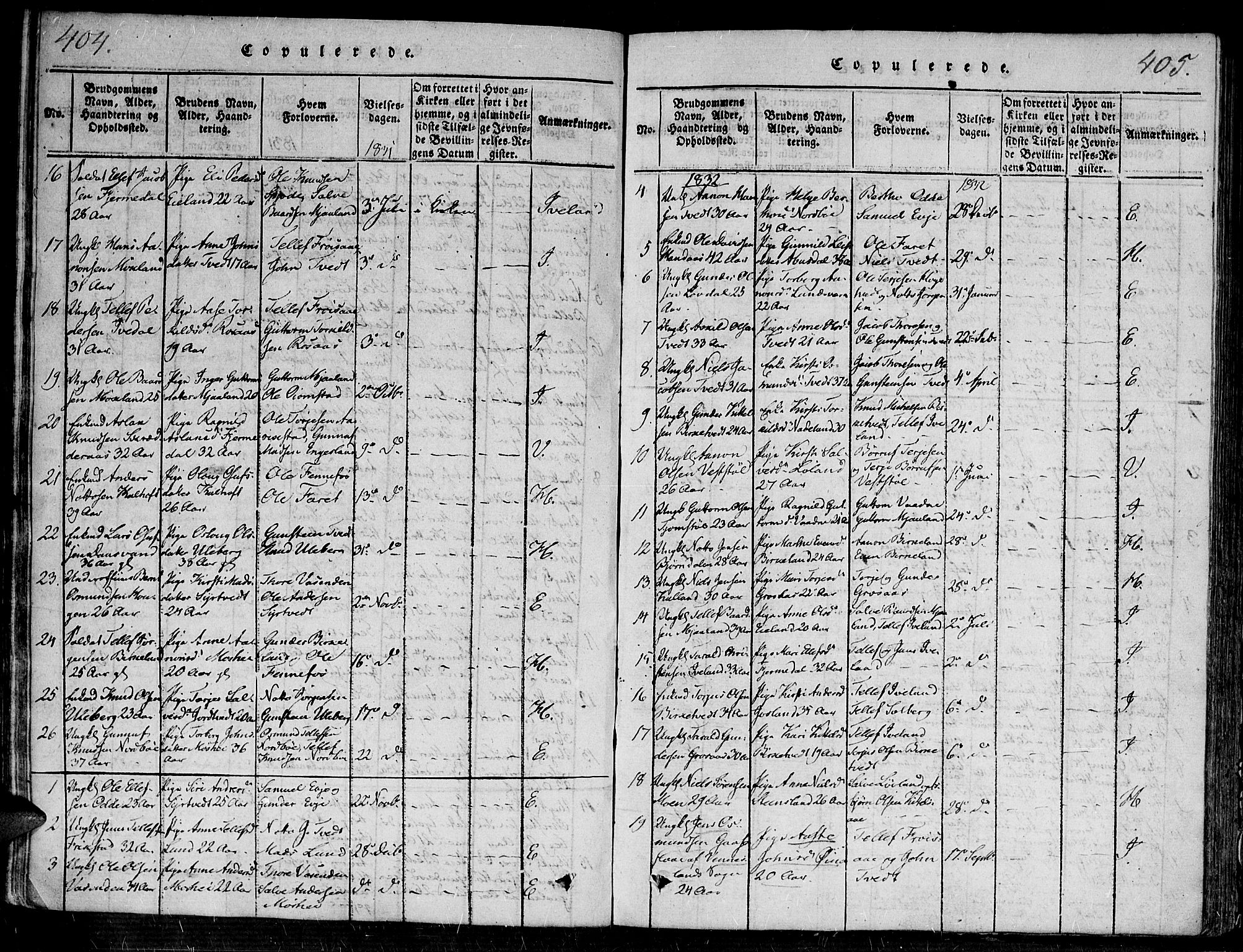 Evje sokneprestkontor, SAK/1111-0008/F/Fa/Faa/L0004: Parish register (official) no. A 4, 1816-1840, p. 404-405
