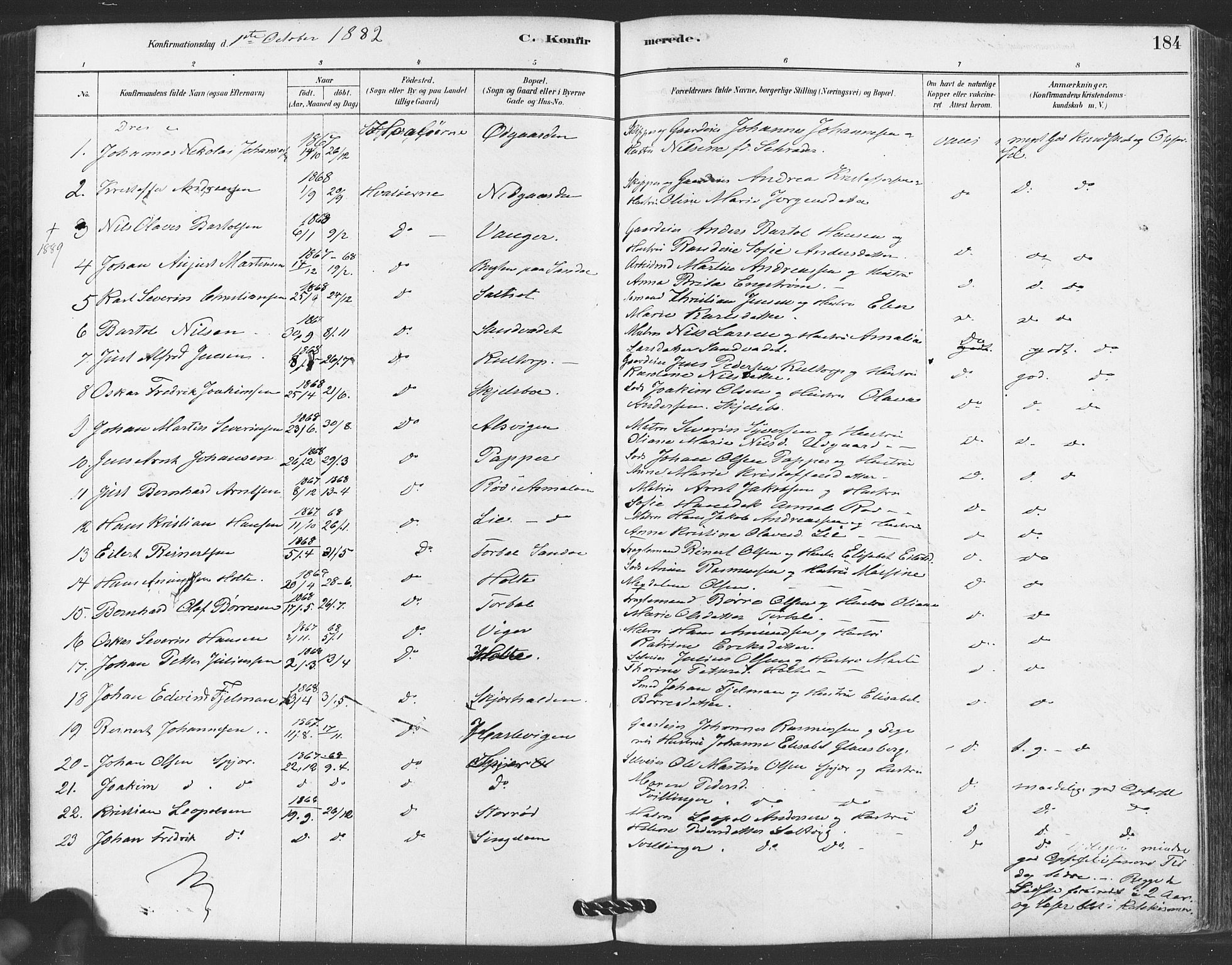 Hvaler prestekontor Kirkebøker, AV/SAO-A-2001/F/Fa/L0008: Parish register (official) no. I 8, 1878-1895, p. 184