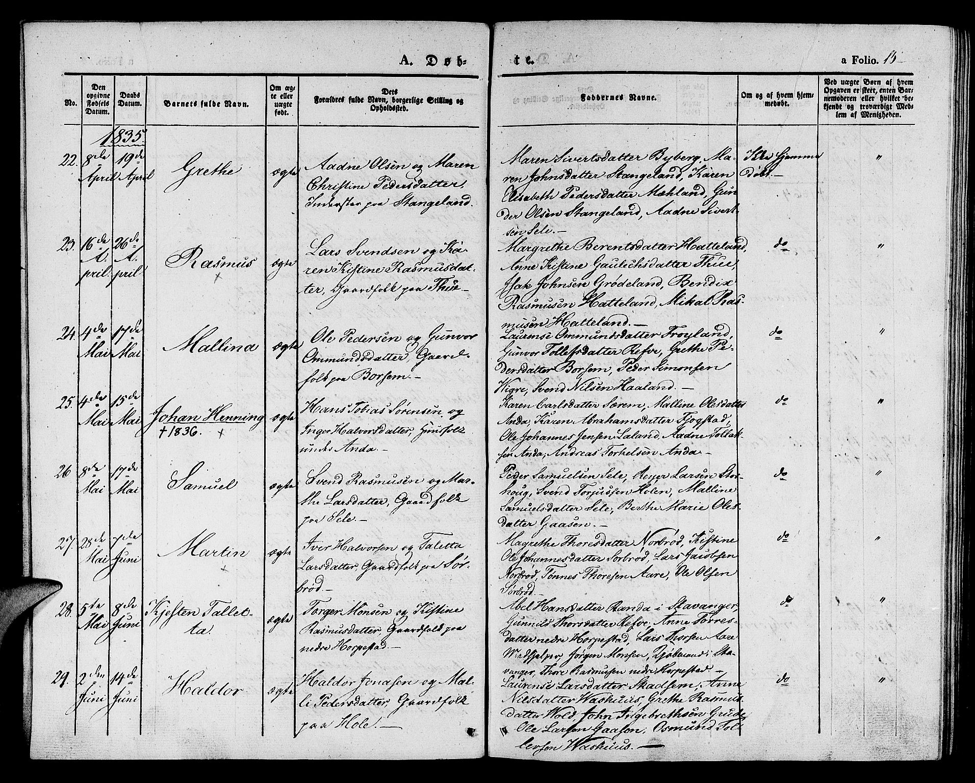 Klepp sokneprestkontor, AV/SAST-A-101803/001/3/30BA/L0003: Parish register (official) no. A 3, 1833-1842, p. 15