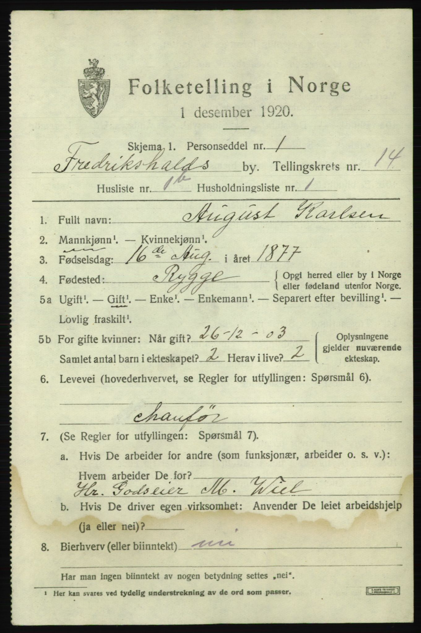 SAO, 1920 census for Fredrikshald, 1920, p. 22155