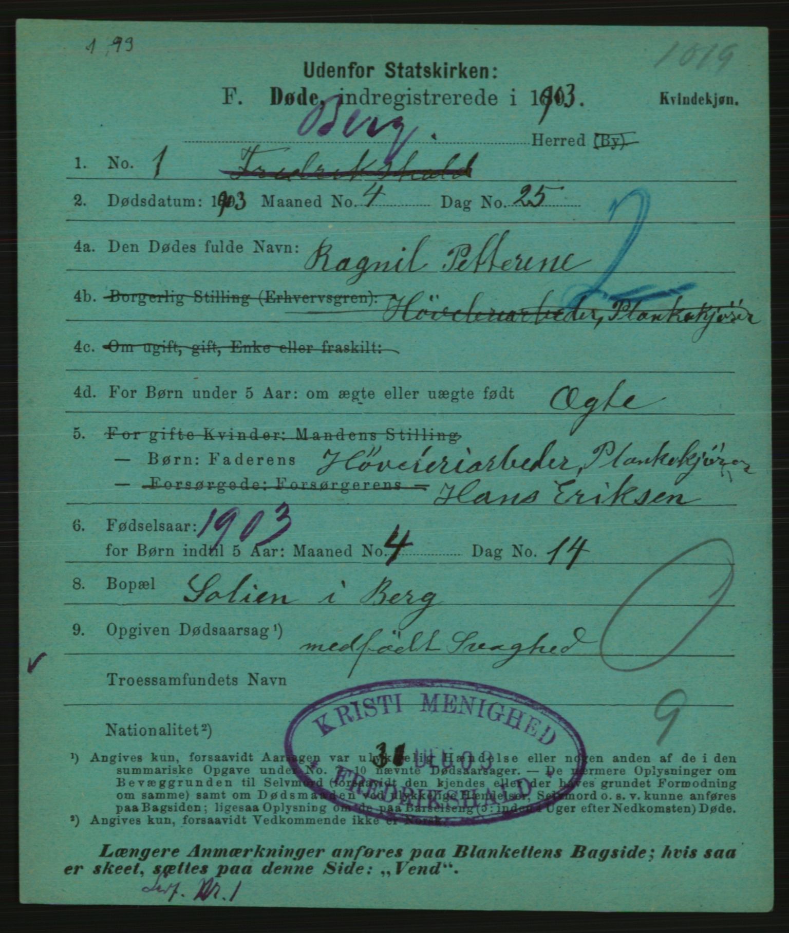 Statistisk sentralbyrå, Sosiodemografiske emner, Befolkning, AV/RA-S-2228/E/L0001: Fødte, gifte, døde dissentere., 1903, p. 2229