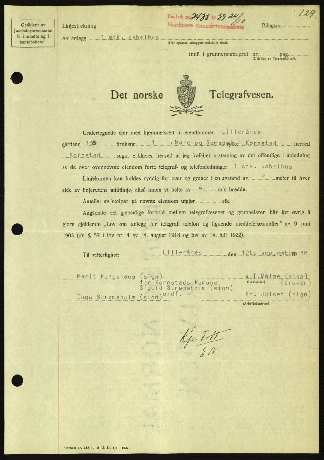 Nordmøre sorenskriveri, SAT/A-4132/1/2/2Ca: Mortgage book no. B84, 1938-1939, Diary no: : 2438/1938