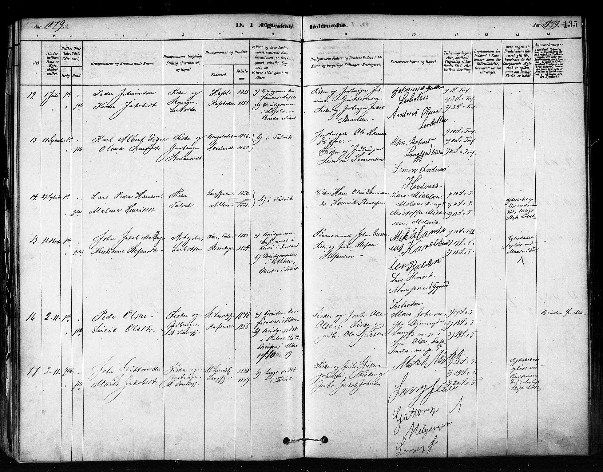 Talvik sokneprestkontor, SATØ/S-1337/H/Ha/L0012kirke: Parish register (official) no. 12, 1878-1886, p. 135