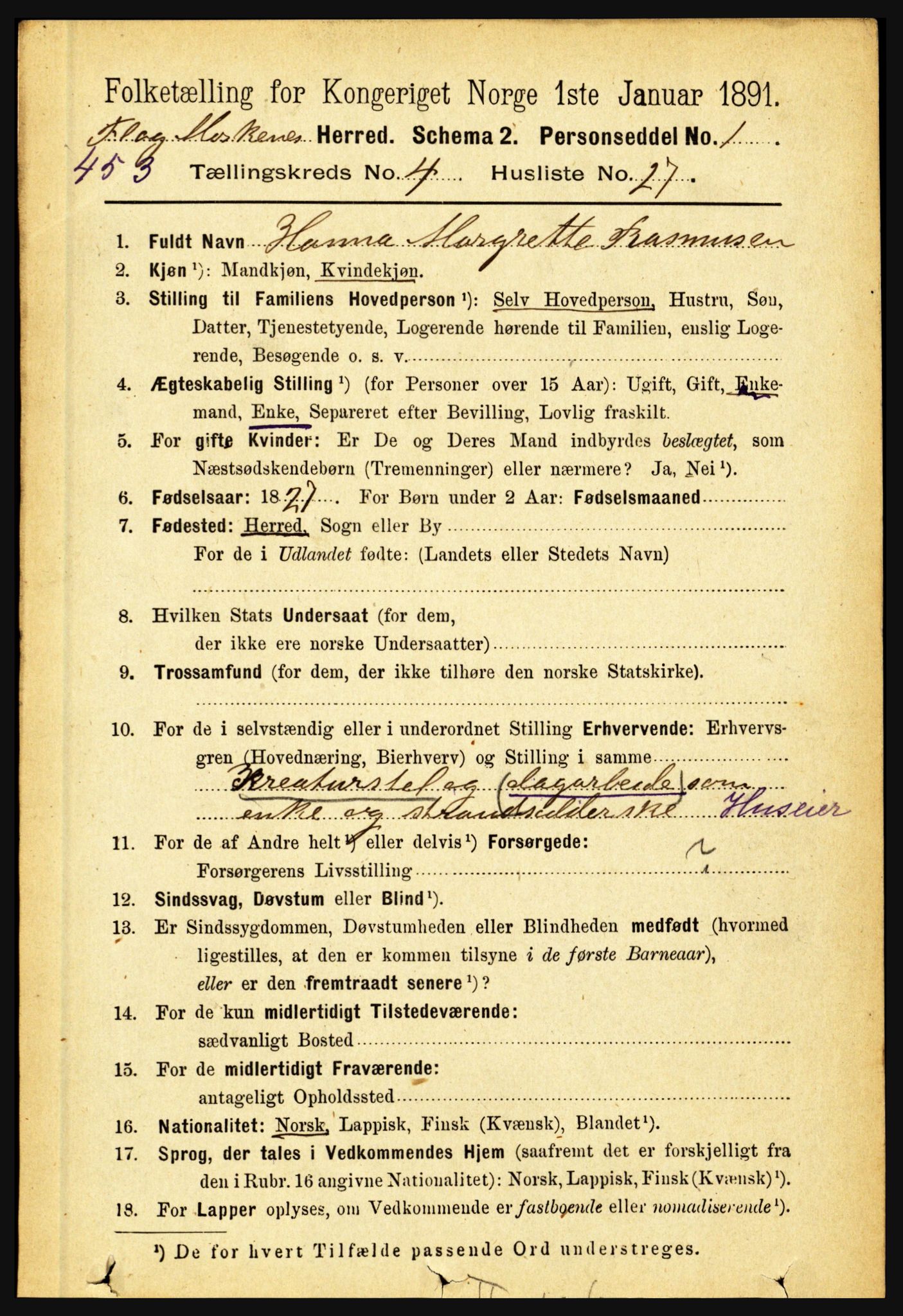 RA, 1891 census for 1859 Flakstad, 1891, p. 2077