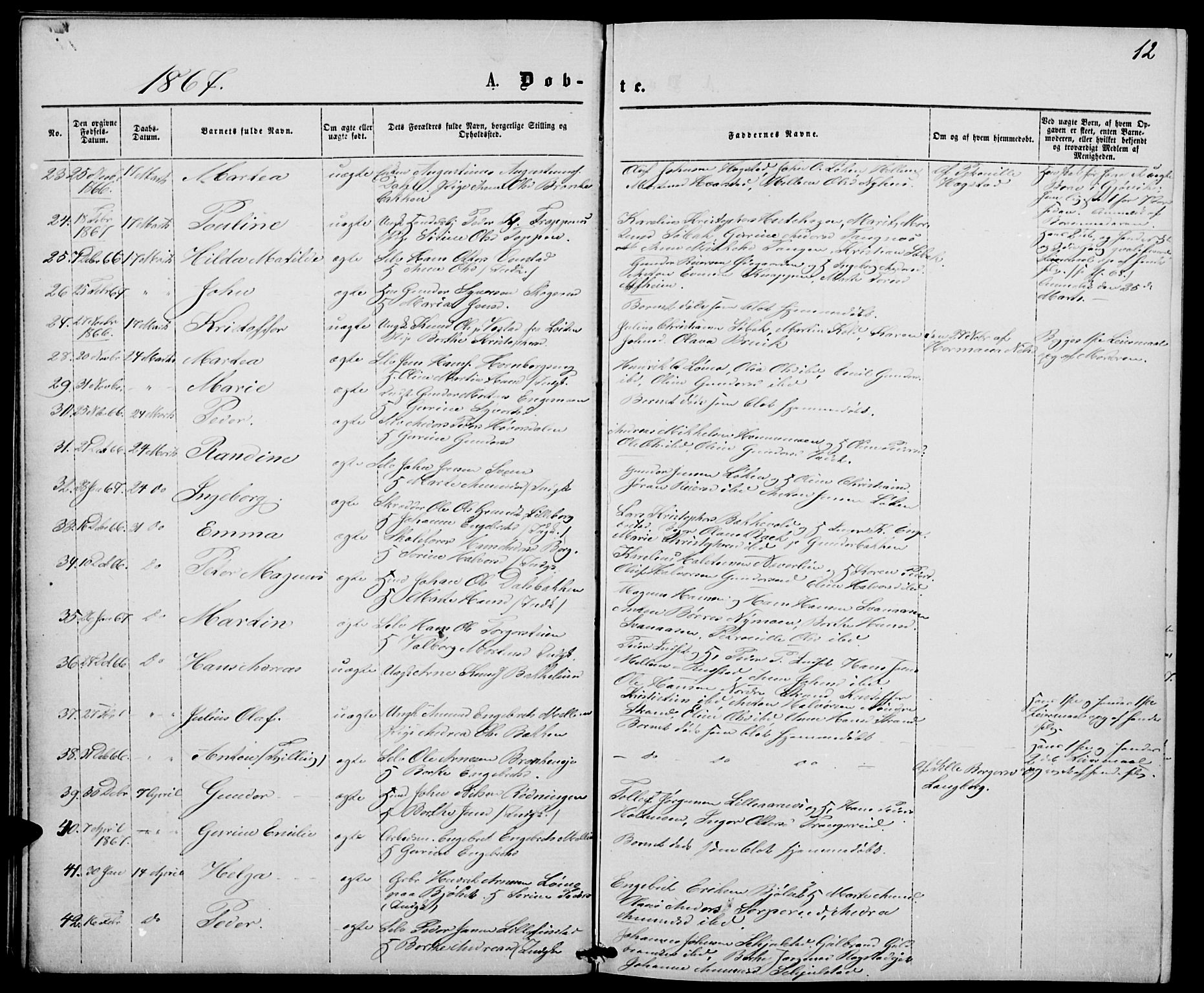 Elverum prestekontor, AV/SAH-PREST-044/H/Ha/Hab/L0004: Parish register (copy) no. 4, 1866-1874, p. 12