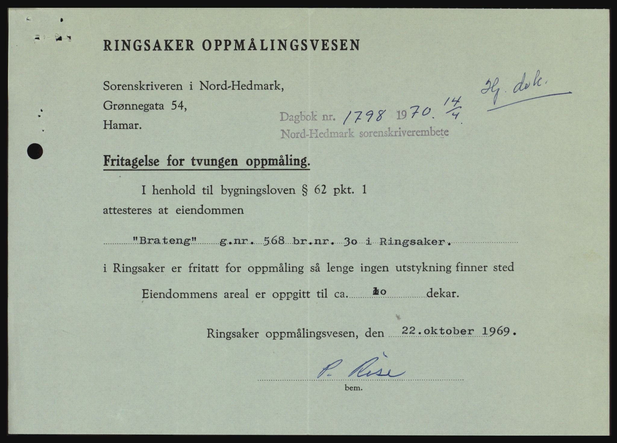 Nord-Hedmark sorenskriveri, SAH/TING-012/H/Hc/L0033: Mortgage book no. 33, 1970-1970, Diary no: : 1798/1970