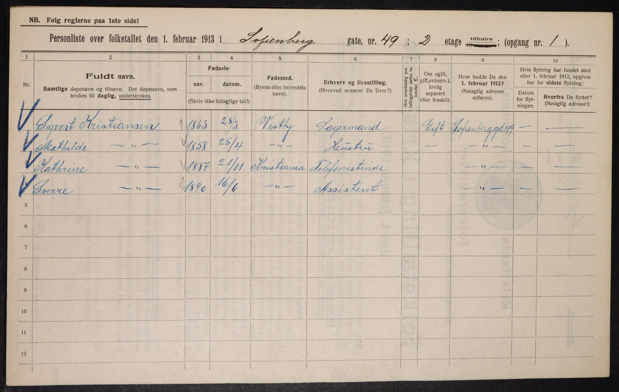 OBA, Municipal Census 1913 for Kristiania, 1913, p. 98689