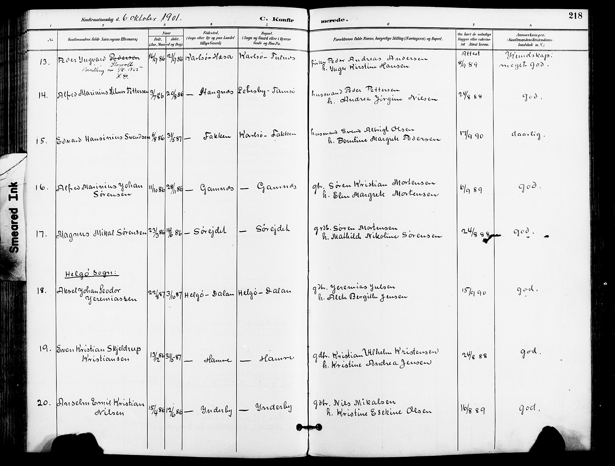 Karlsøy sokneprestembete, AV/SATØ-S-1299/H/Ha/Haa/L0007kirke: Parish register (official) no. 7, 1891-1902, p. 218