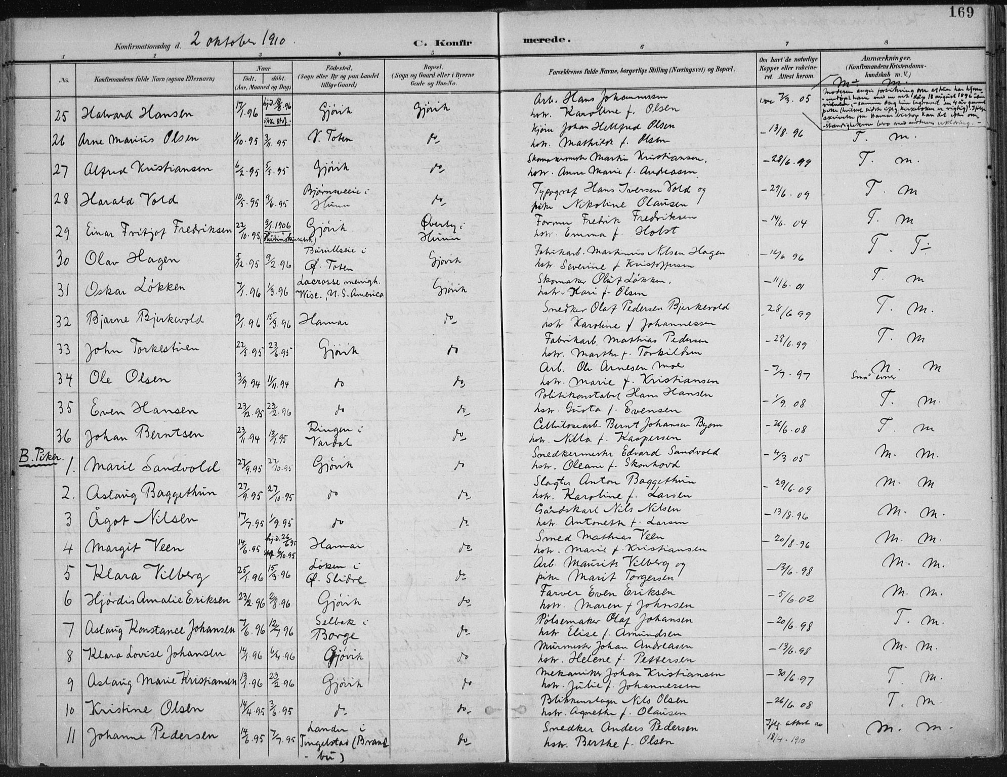 Vardal prestekontor, AV/SAH-PREST-100/H/Ha/Haa/L0013: Parish register (official) no. 13, 1901-1911, p. 169