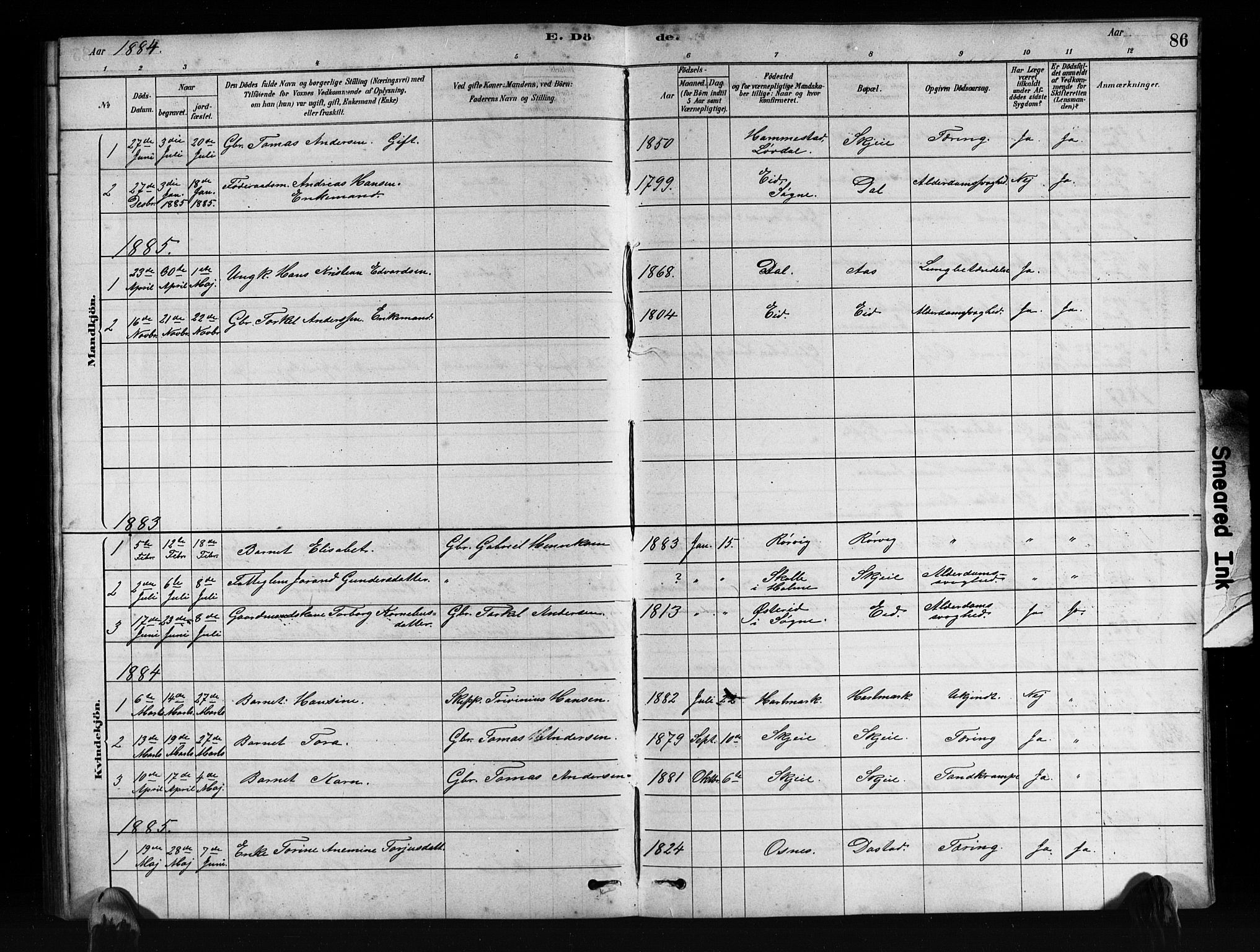 Mandal sokneprestkontor, SAK/1111-0030/F/Fb/Fbb/L0004: Parish register (copy) no. B 4, 1878-1913, p. 86
