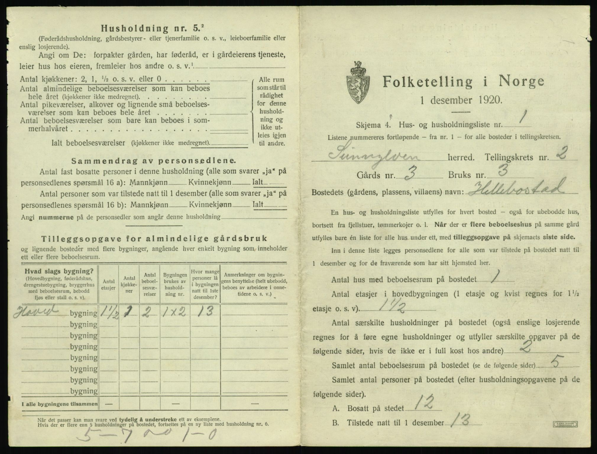 SAT, 1920 census for Sunnylven, 1920, p. 170